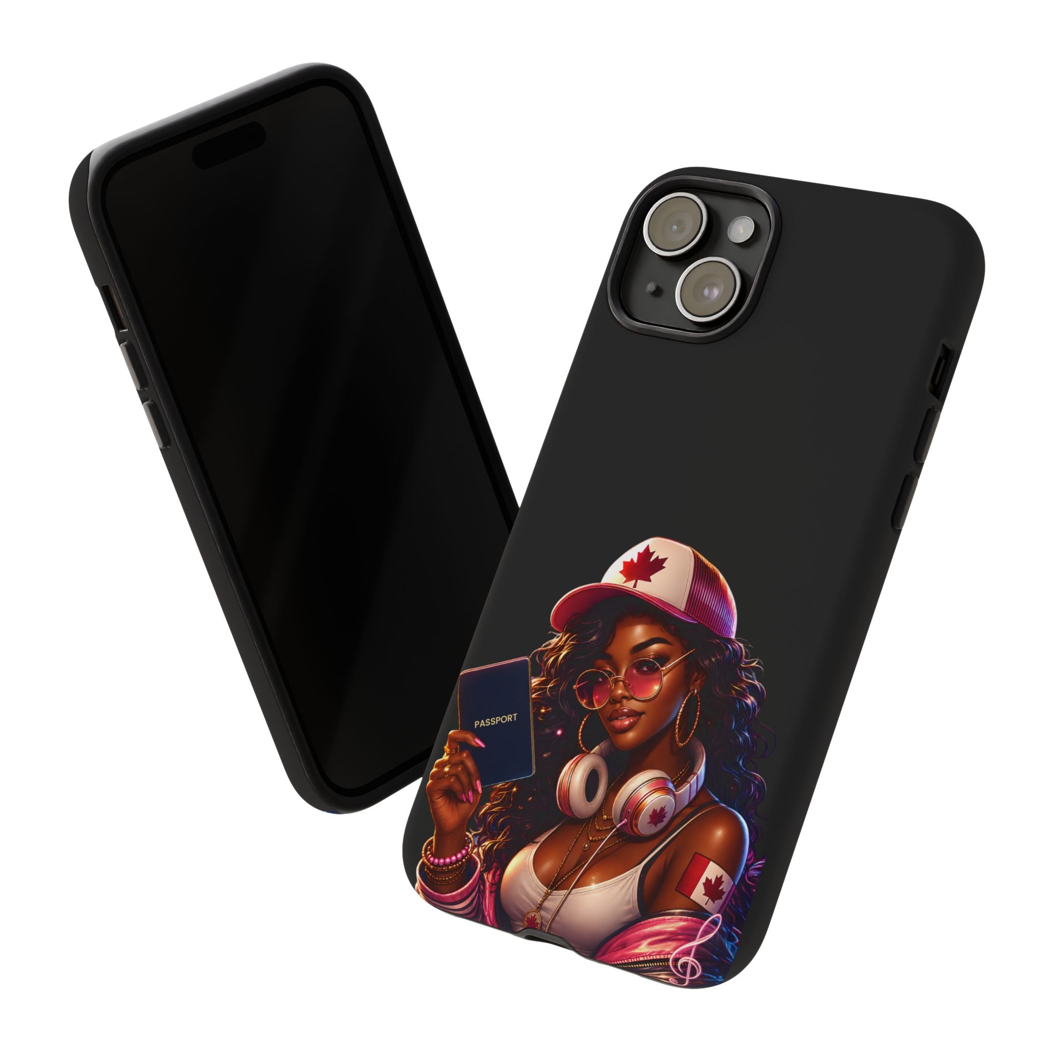 Canadian Vibes Phone Case — Afrobeat Girl with Headphones & Passport Design