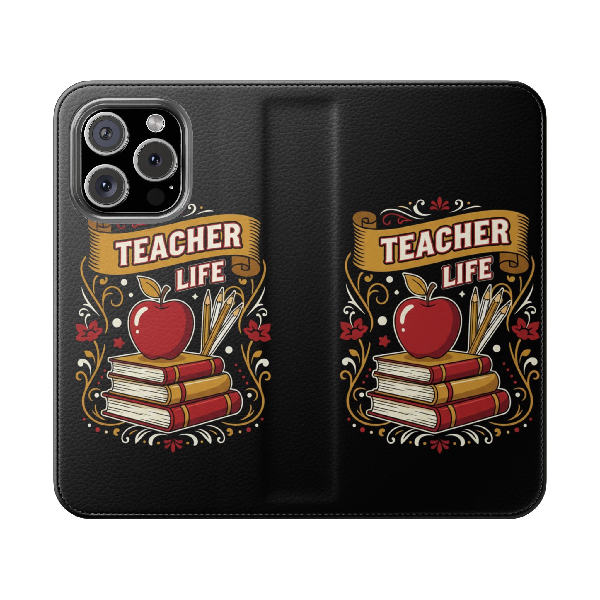 Teacher Life Flip Phone Case – Wallet Folio with Apple & Books Design