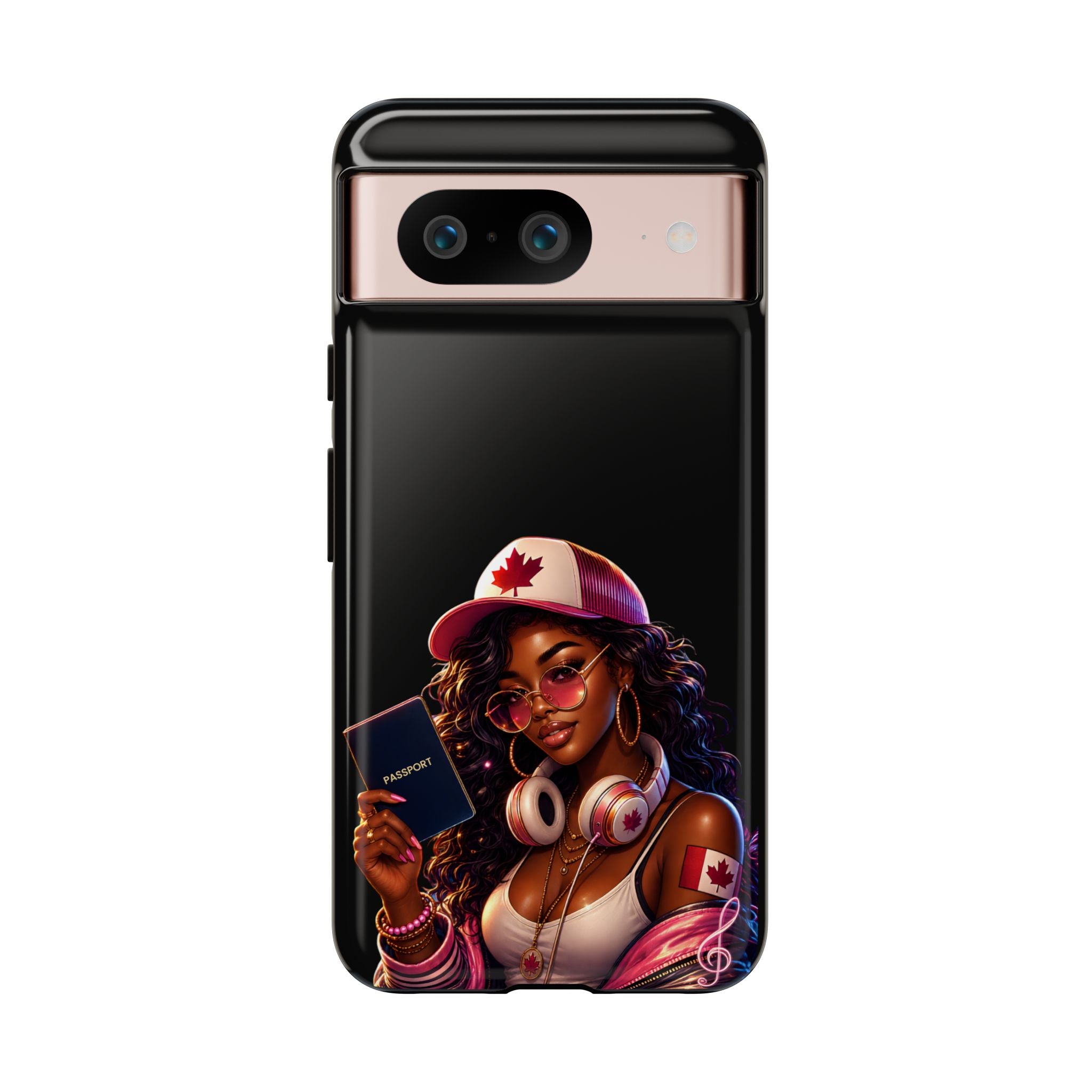 Canadian Vibes Phone Case — Afrobeat Girl with Headphones & Passport Design