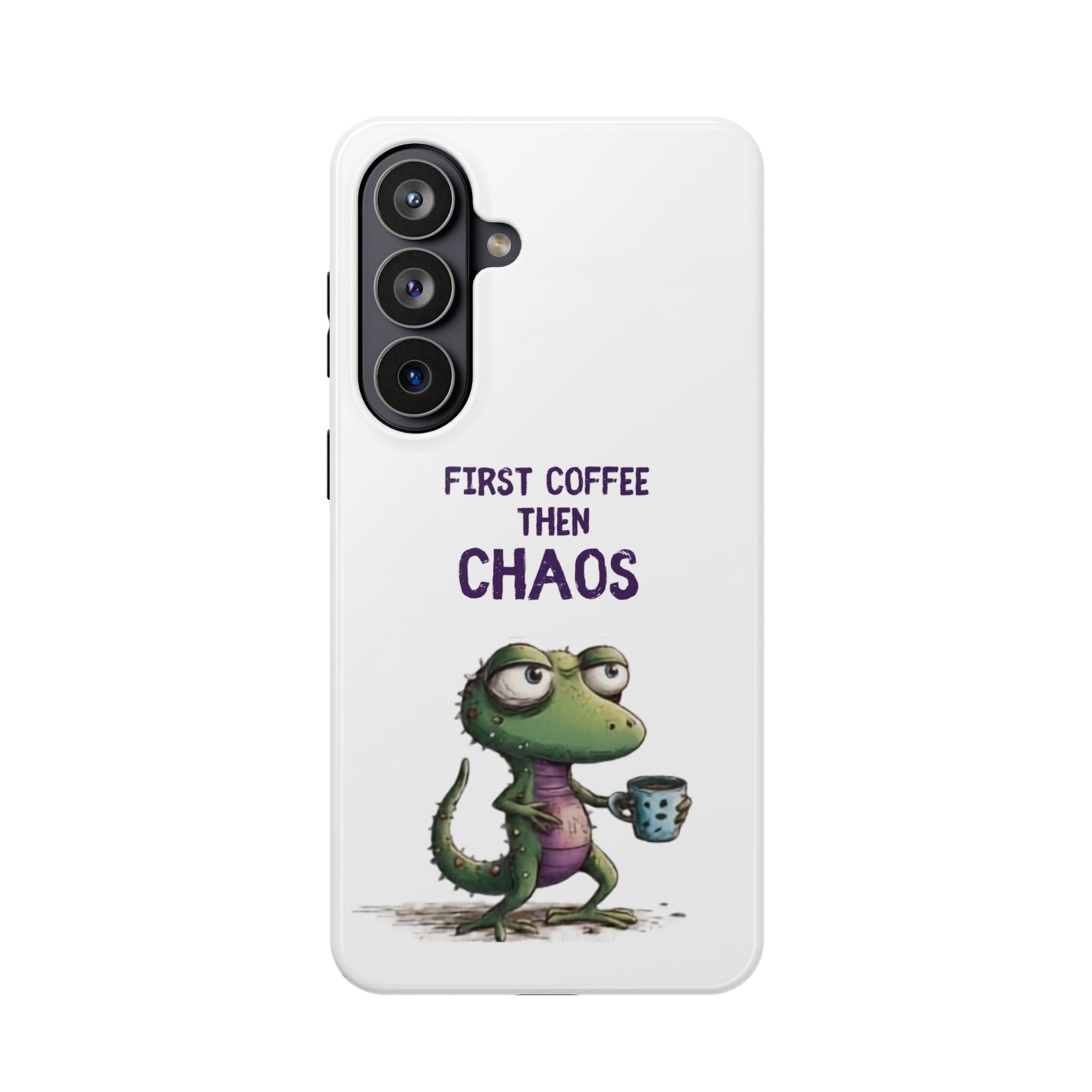 Impact-Resistant Phone Case — "First Coffee Then Chaos" Cute Lizard Coffee Design