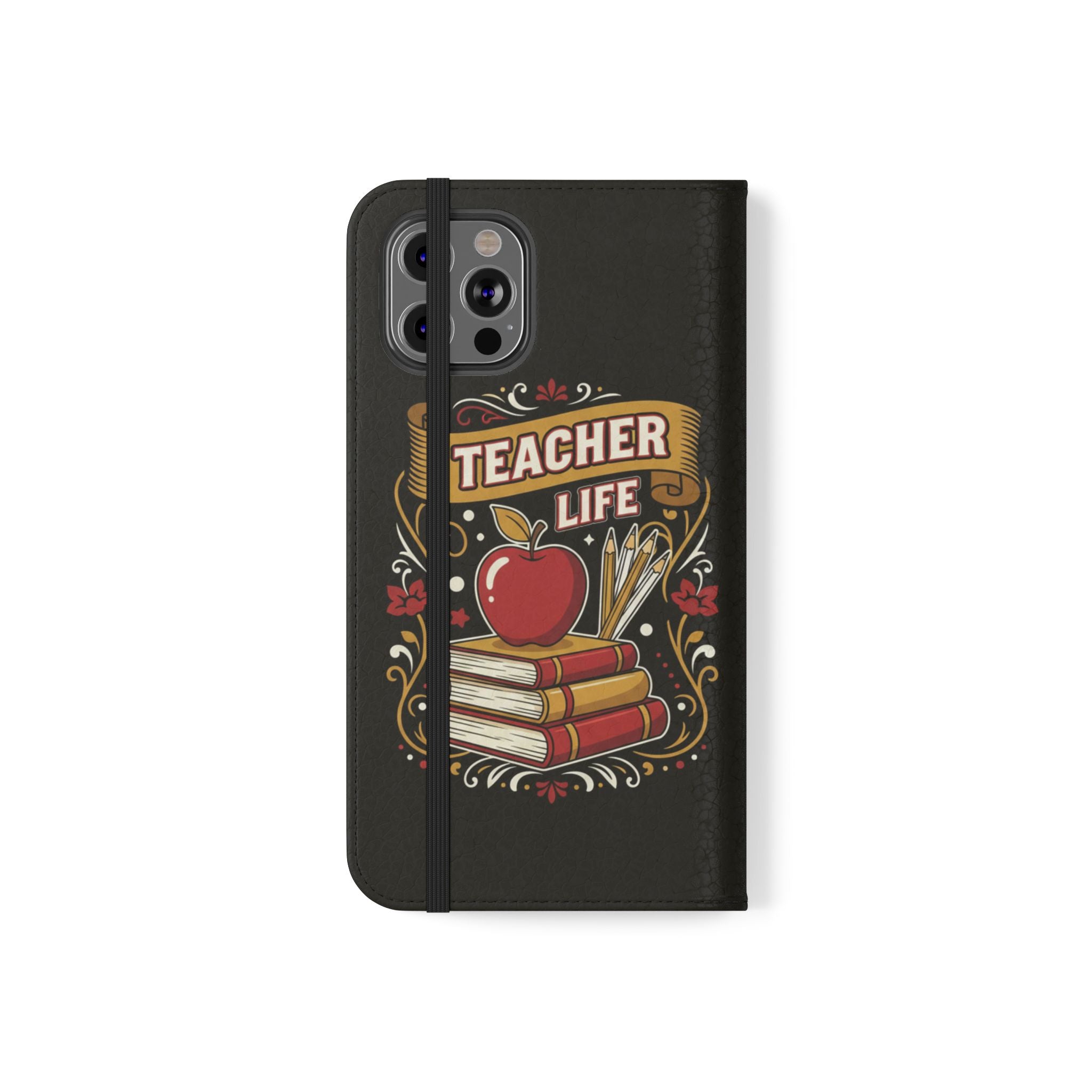 Teacher Life Flip Phone Case – Wallet Folio with Apple & Books Design