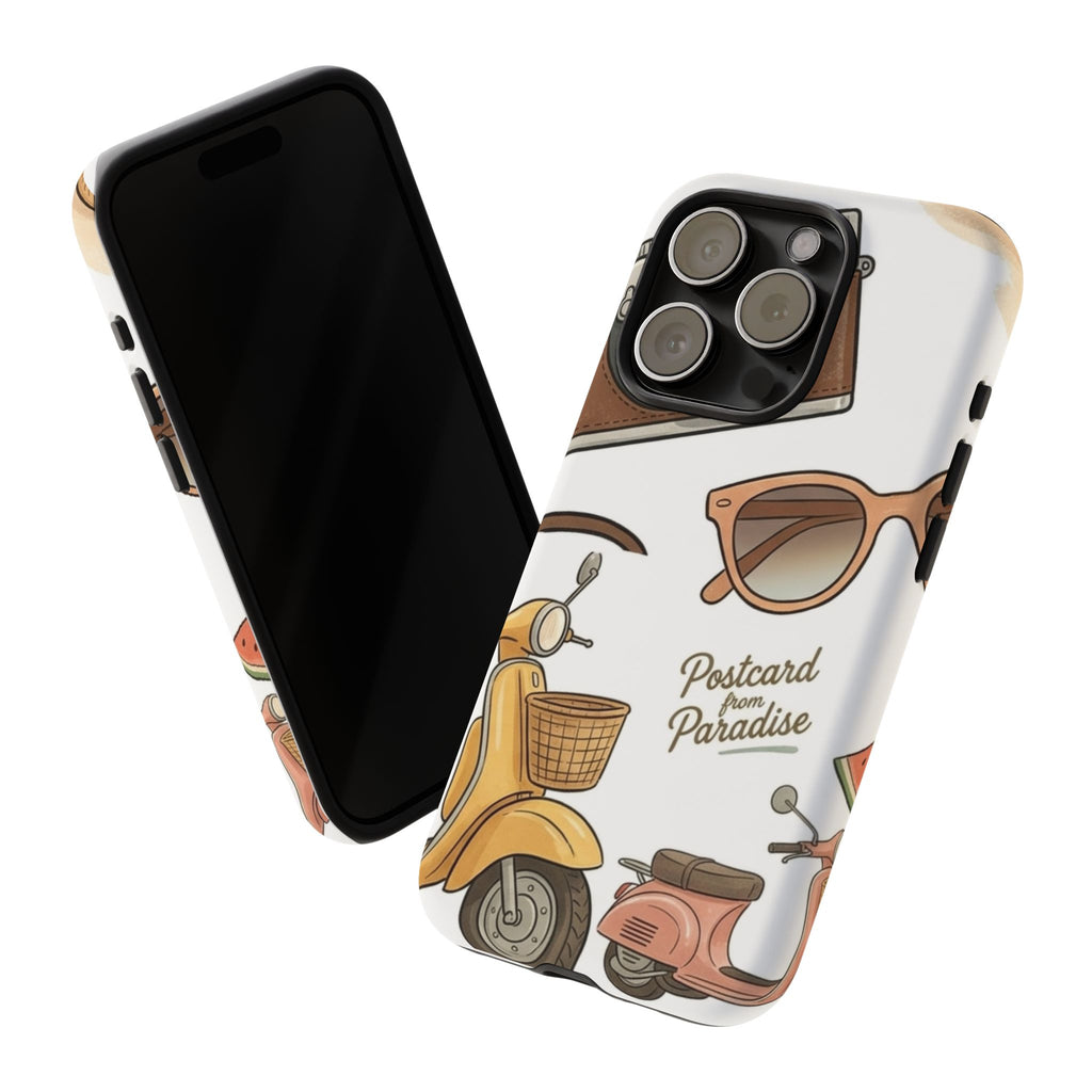 Vintage Summer Beach Phone Case — Feminine Travel Pattern with Cameras, Sunglasses & Scooter