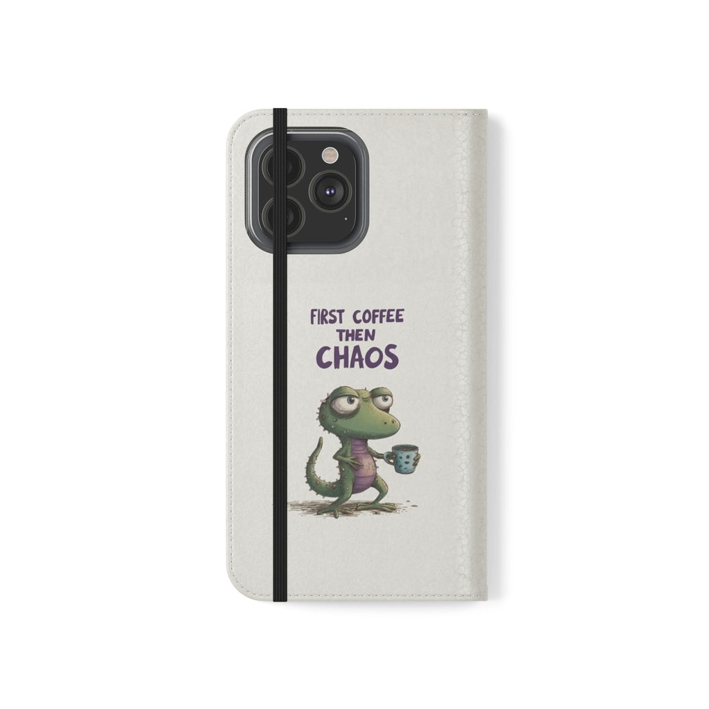 Flip Case — "First Coffee Then Chaos" Cute Dino Phone Wallet
