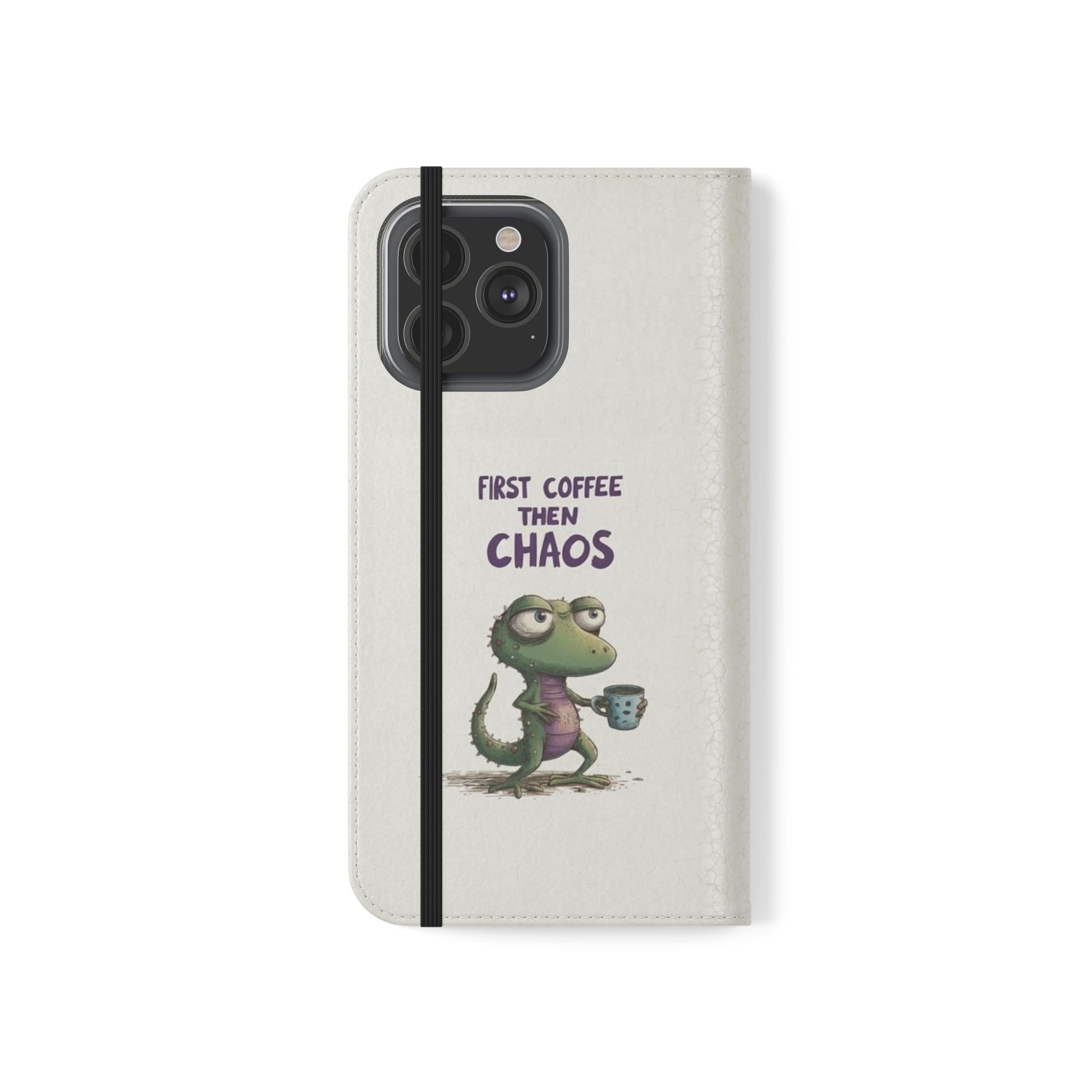 Flip Case — "First Coffee Then Chaos" Cute Dino Phone Wallet