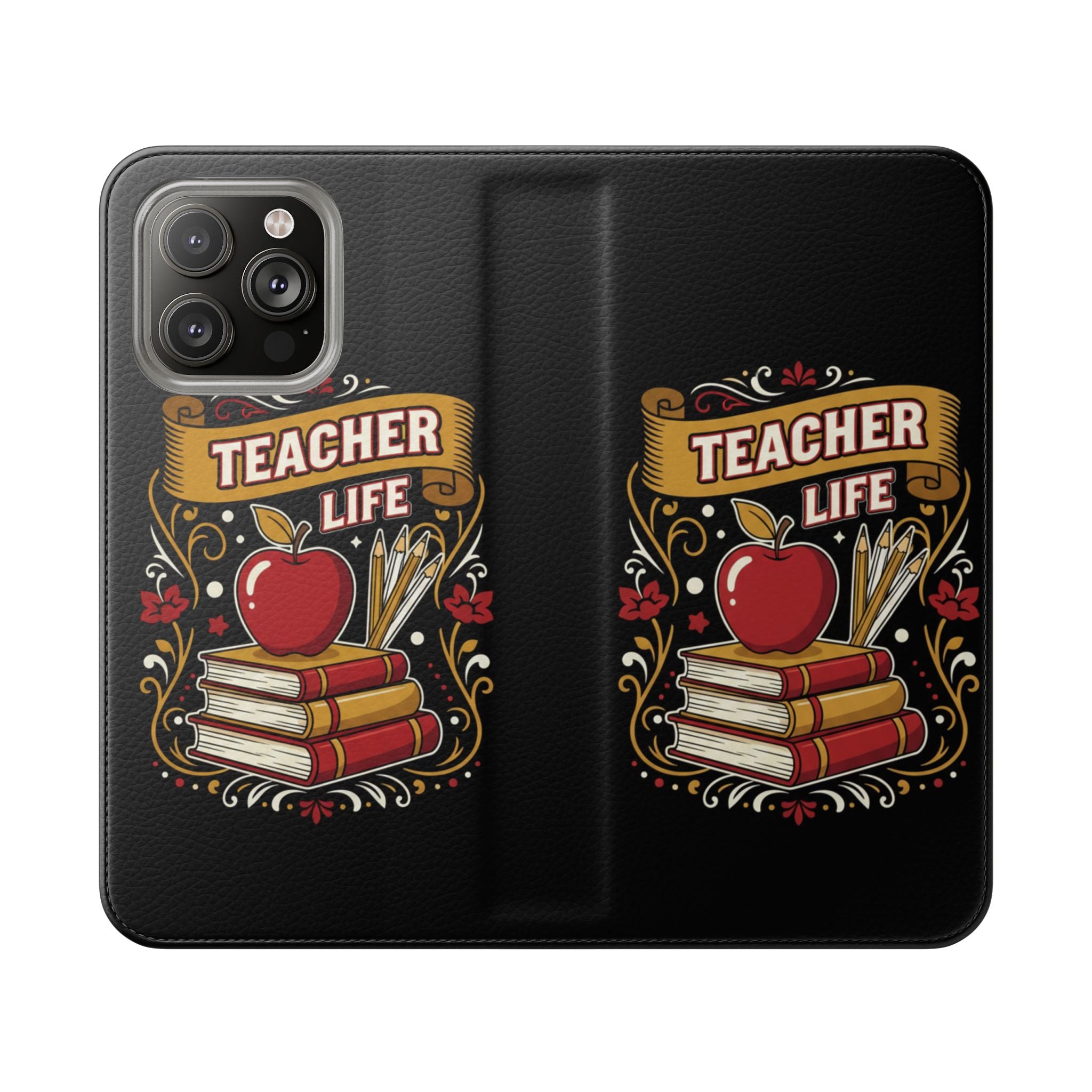 Teacher Life Flip Phone Case – Wallet Folio with Apple & Books Design