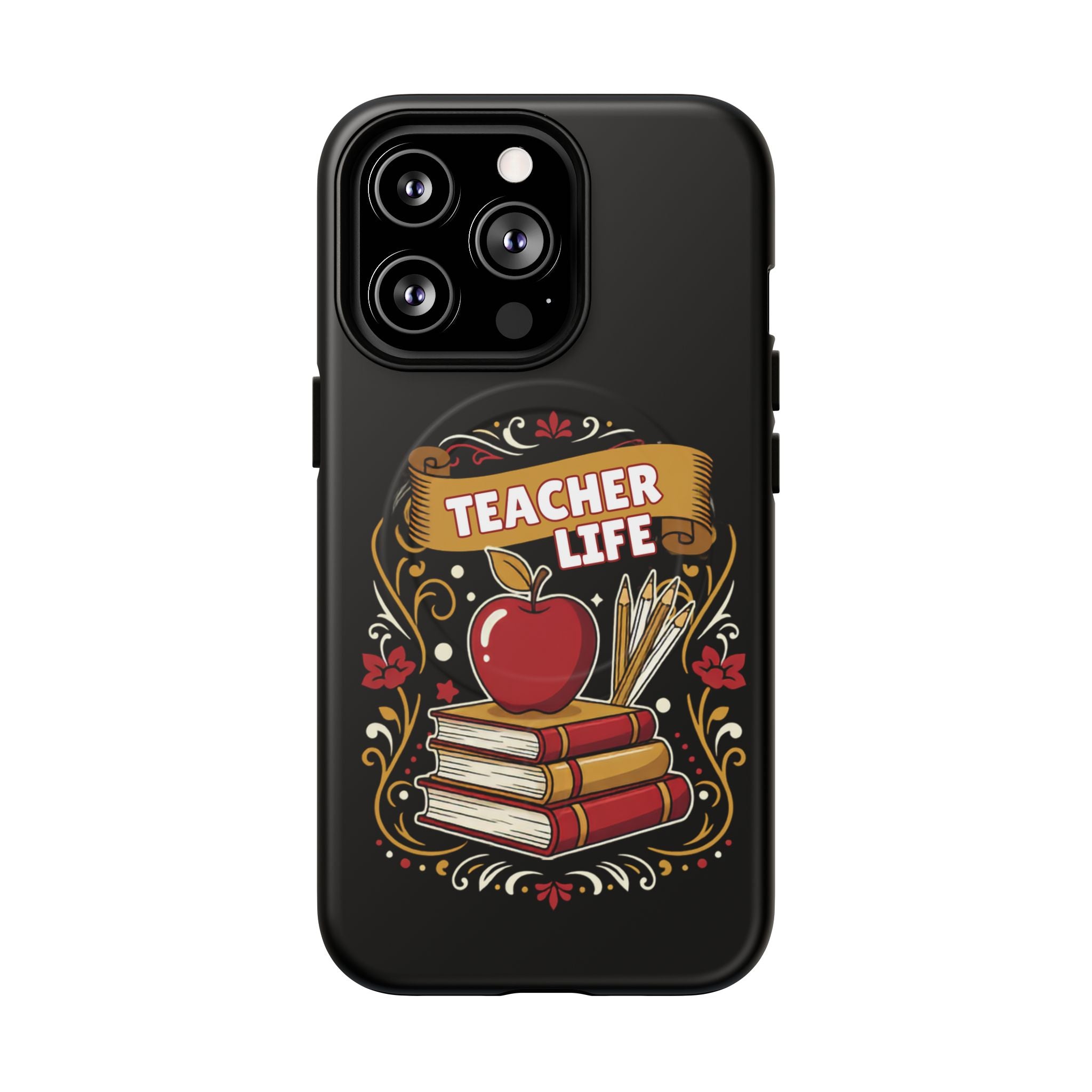 Teacher Life Phone Case - Tough Magnetic Protective Cover with Apple & Books Design