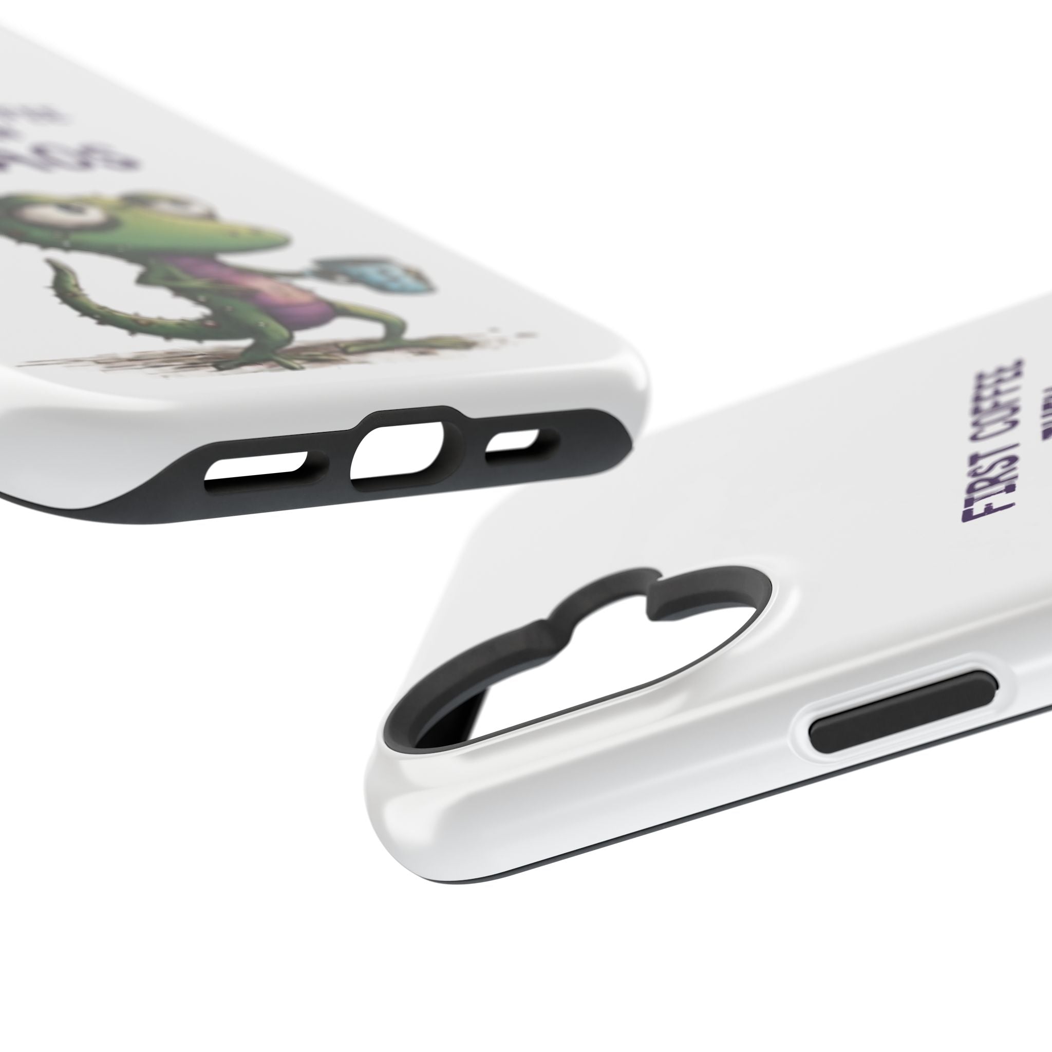 Impact-Resistant Phone Case — "First Coffee Then Chaos" Cute Lizard Coffee Design