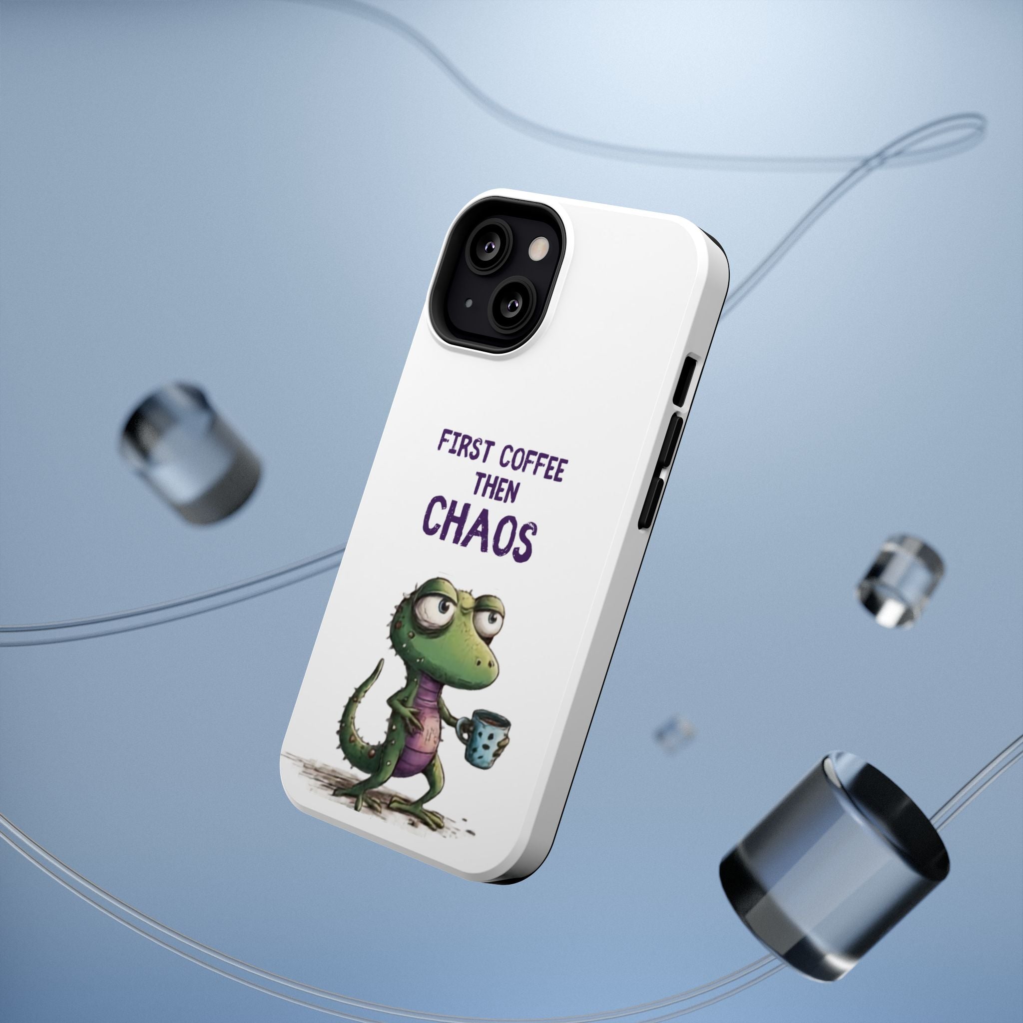 Impact-Resistant Phone Case — "First Coffee Then Chaos" Cute Lizard Coffee Design