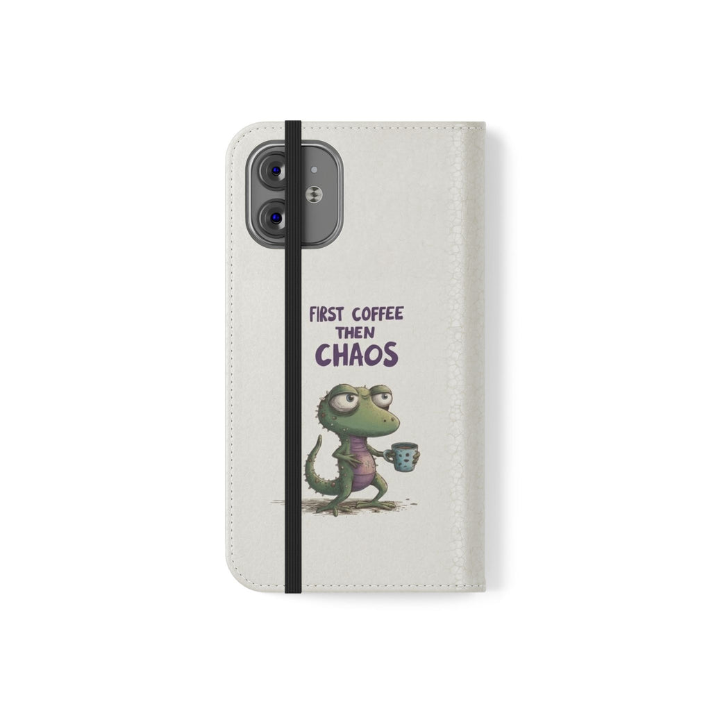 Flip Case — "First Coffee Then Chaos" Cute Dino Phone Wallet