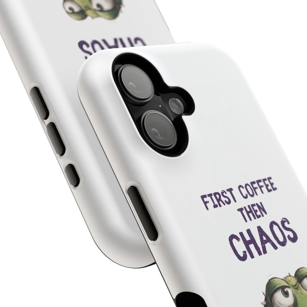Impact-Resistant Phone Case — "First Coffee Then Chaos" Cute Lizard Coffee Design