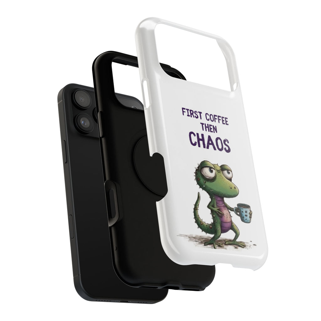 Impact-Resistant Phone Case — "First Coffee Then Chaos" Cute Lizard Coffee Design