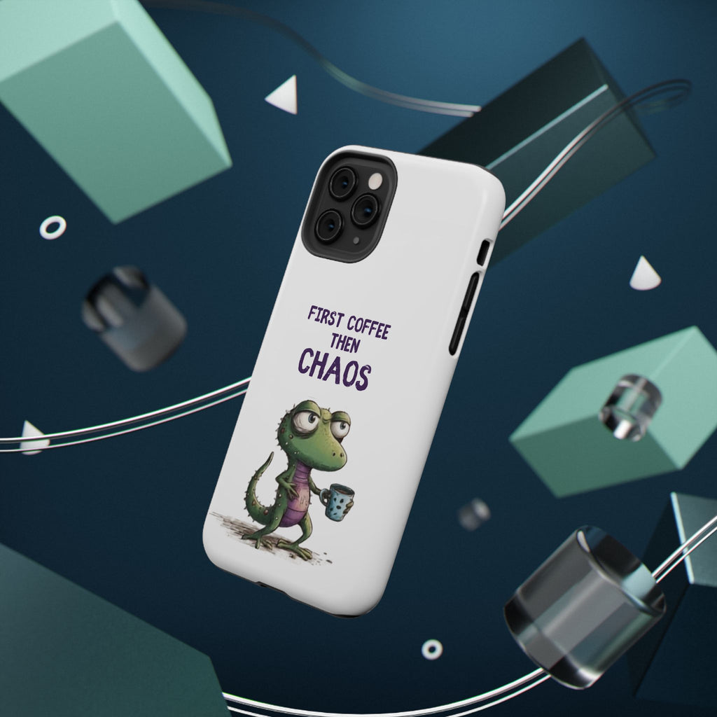 Impact-Resistant Phone Case — "First Coffee Then Chaos" Cute Lizard Coffee Design