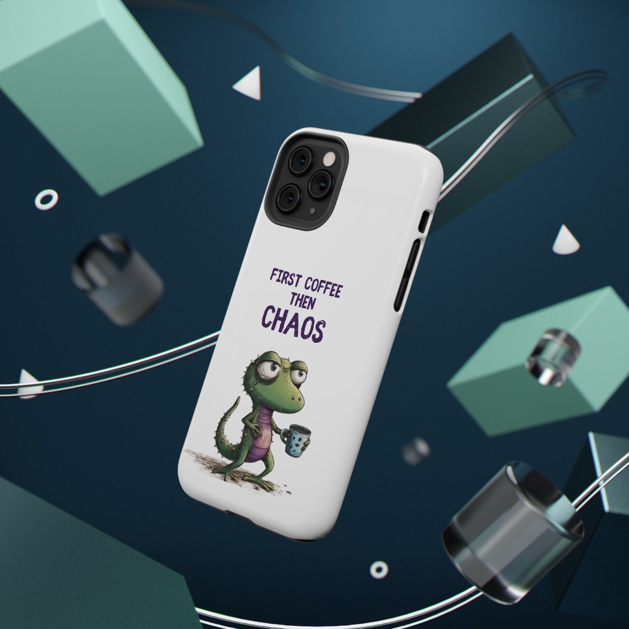 Impact-Resistant Phone Case — "First Coffee Then Chaos" Cute Lizard Coffee Design