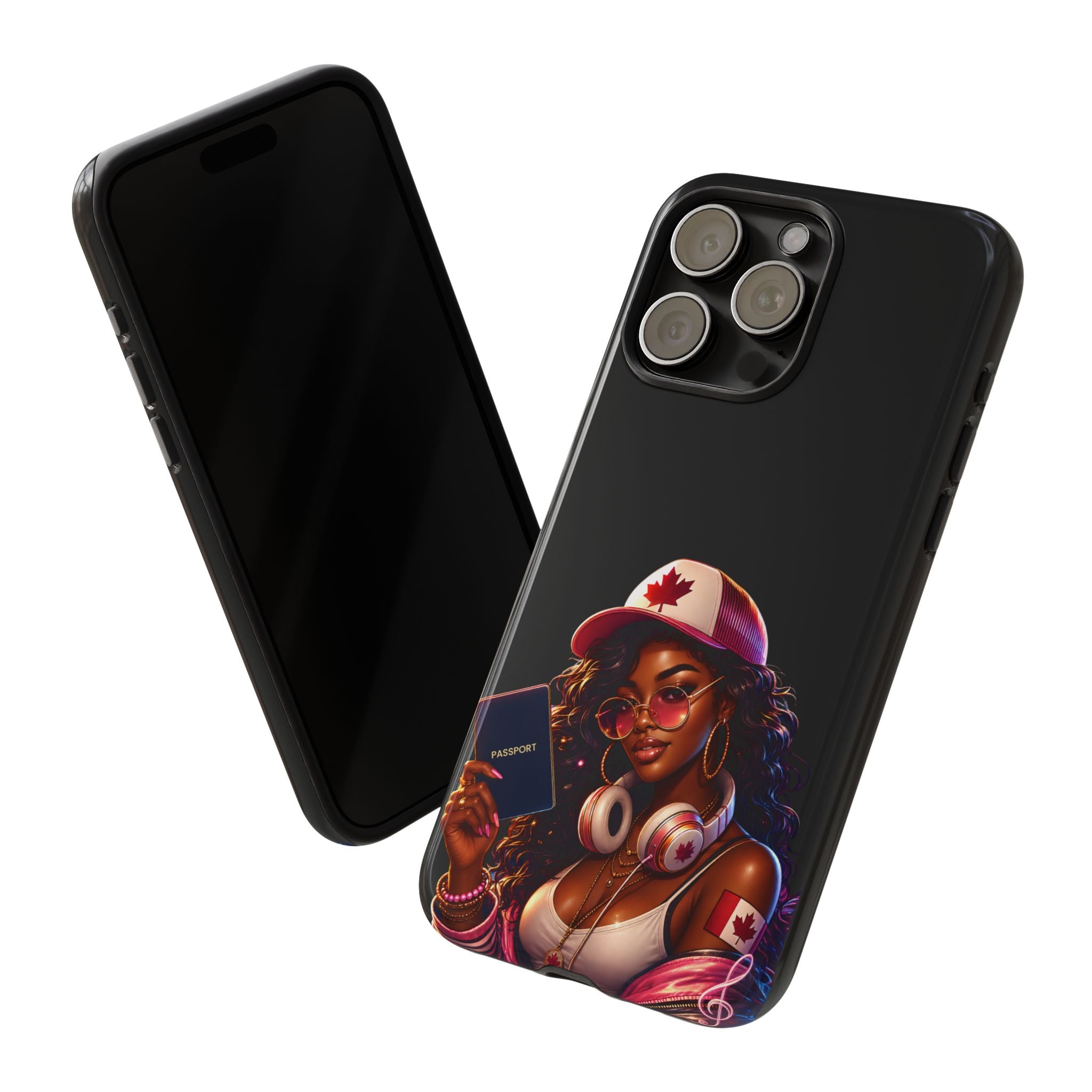 Canadian Vibes Phone Case — Afrobeat Girl with Headphones & Passport Design