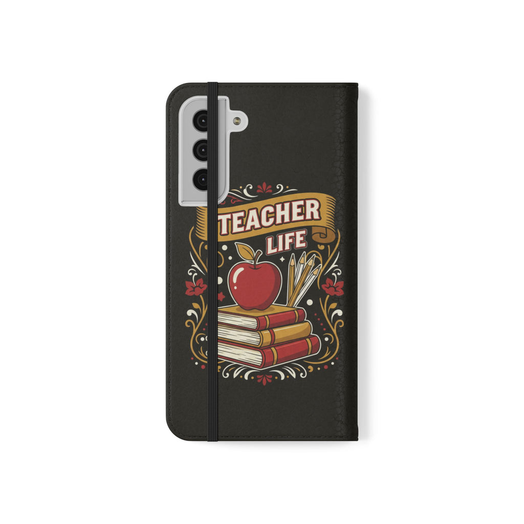 Teacher Life Flip Phone Case – Wallet Folio with Apple & Books Design
