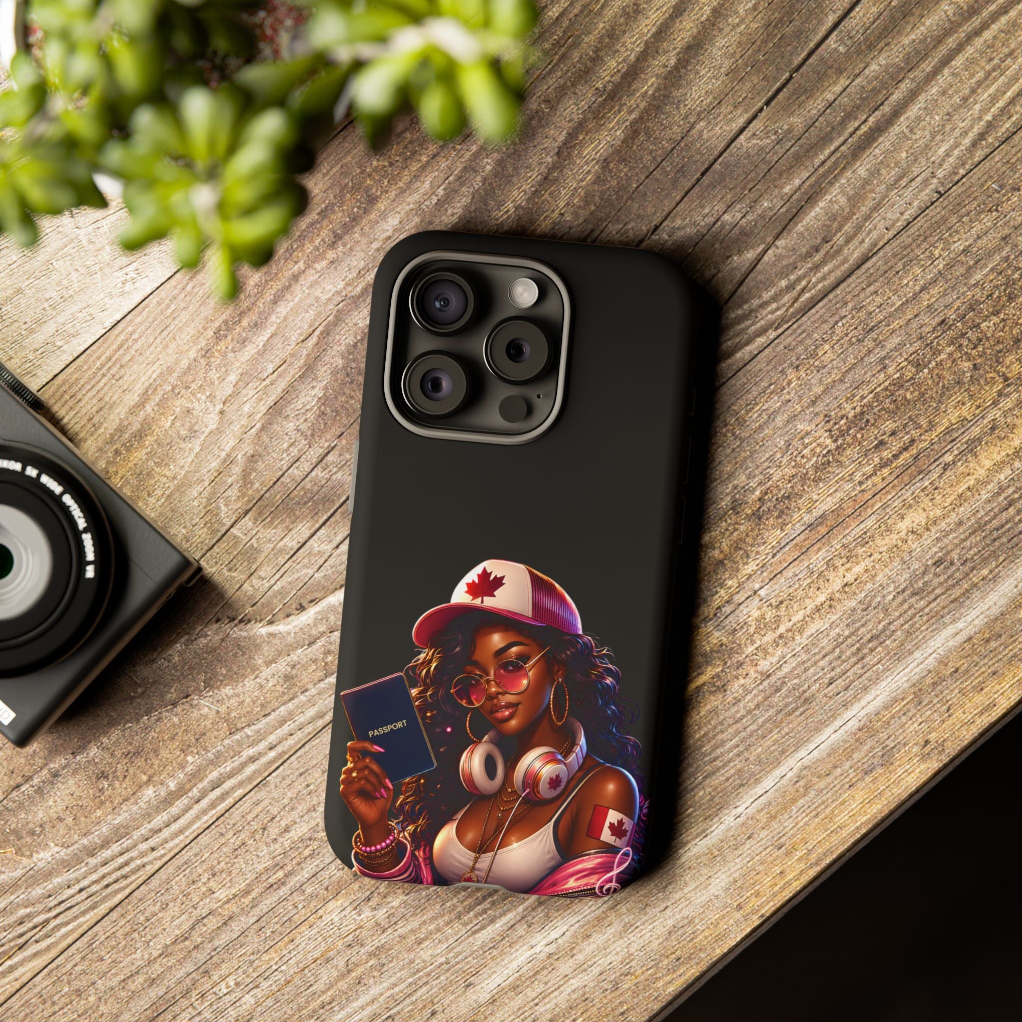Canadian Vibes Phone Case — Afrobeat Girl with Headphones & Passport Design