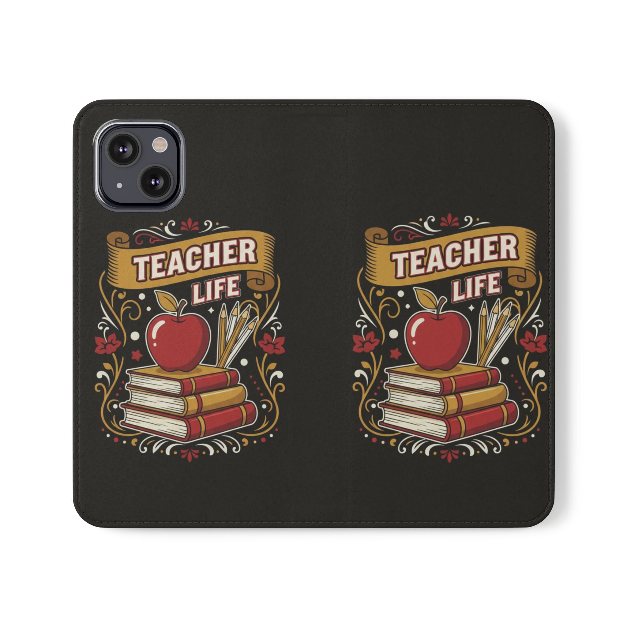 Teacher Life Flip Phone Case – Wallet Folio with Apple & Books Design