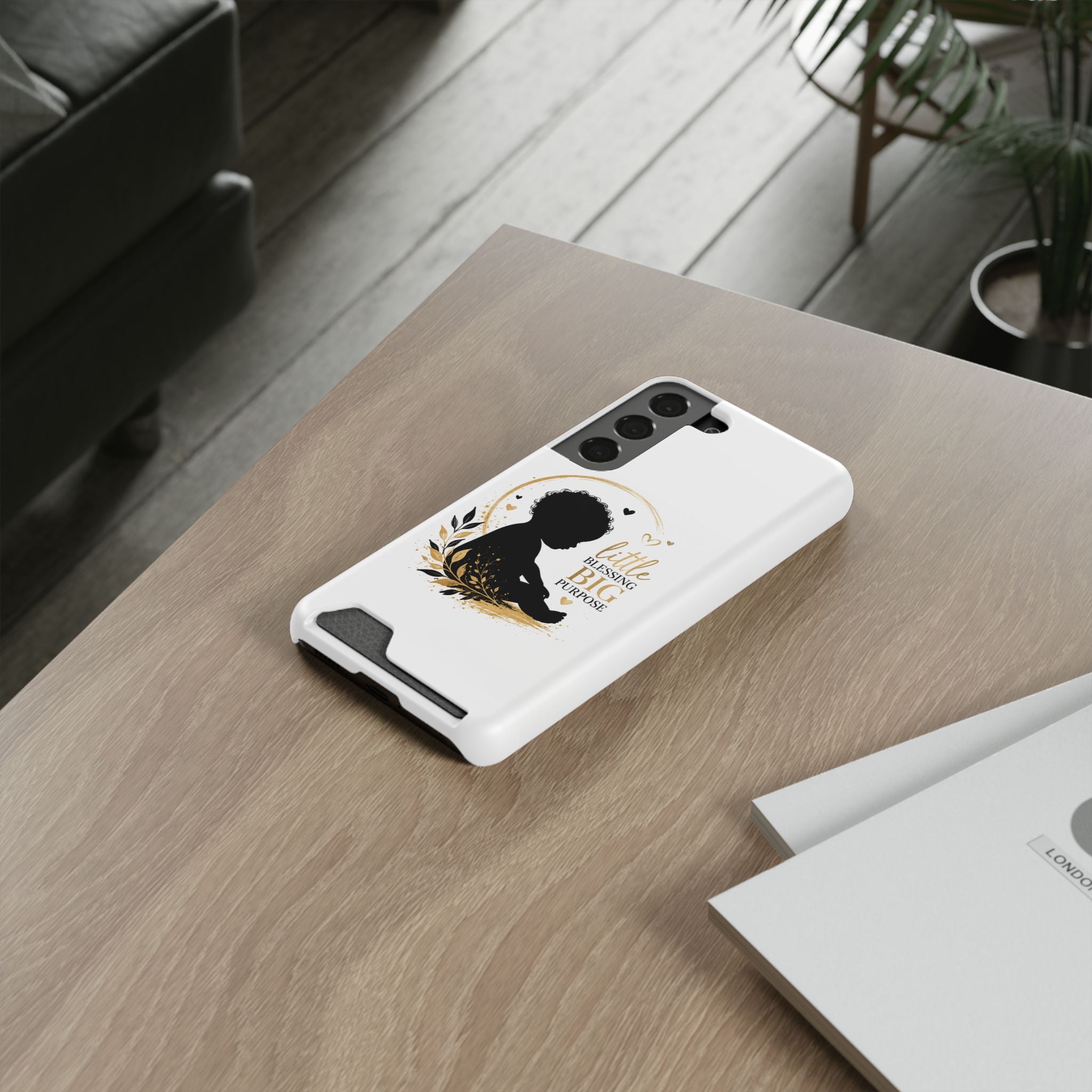 Phone Case with Card Holder — "Little Blessing Big Purpose" Silhouette Baby Design