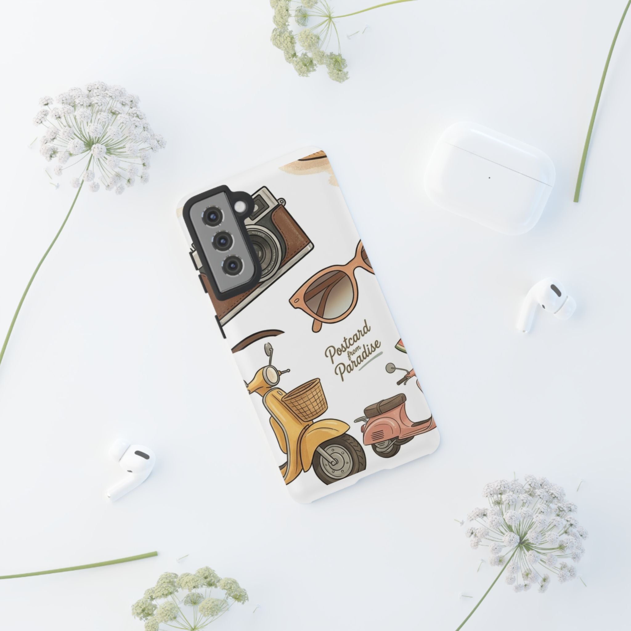 Vintage Summer Beach Phone Case — Feminine Travel Pattern with Cameras, Sunglasses & Scooter