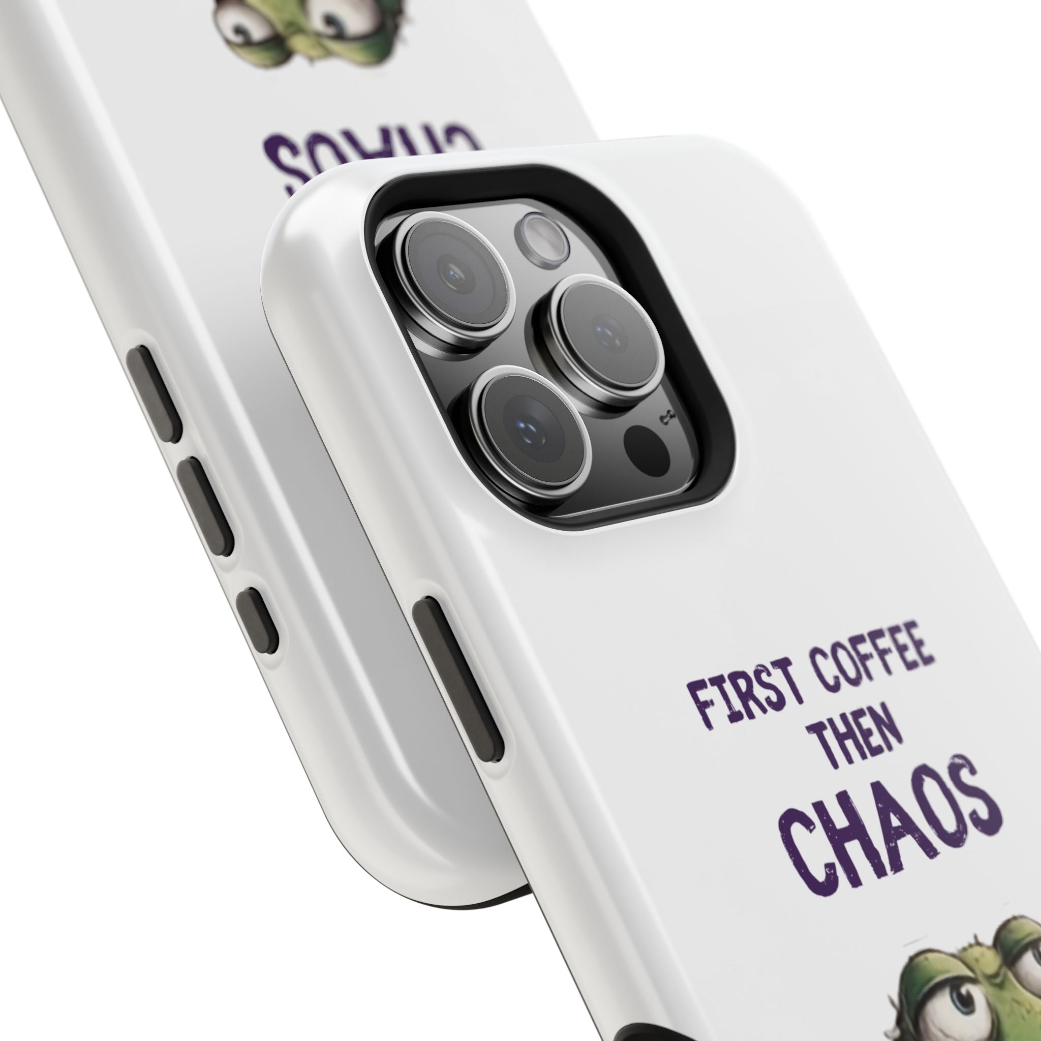 Impact-Resistant Phone Case — "First Coffee Then Chaos" Cute Lizard Coffee Design