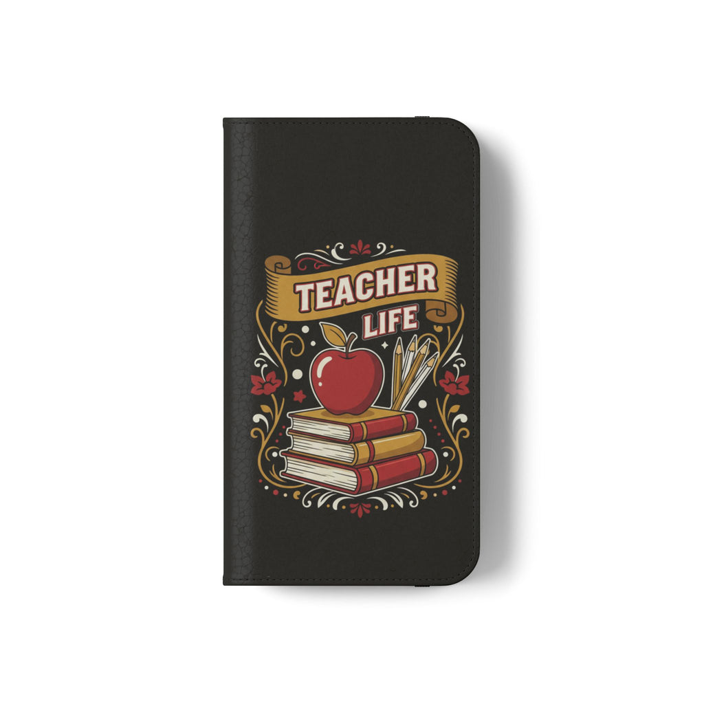 Teacher Life Flip Phone Case – Wallet Folio with Apple & Books Design