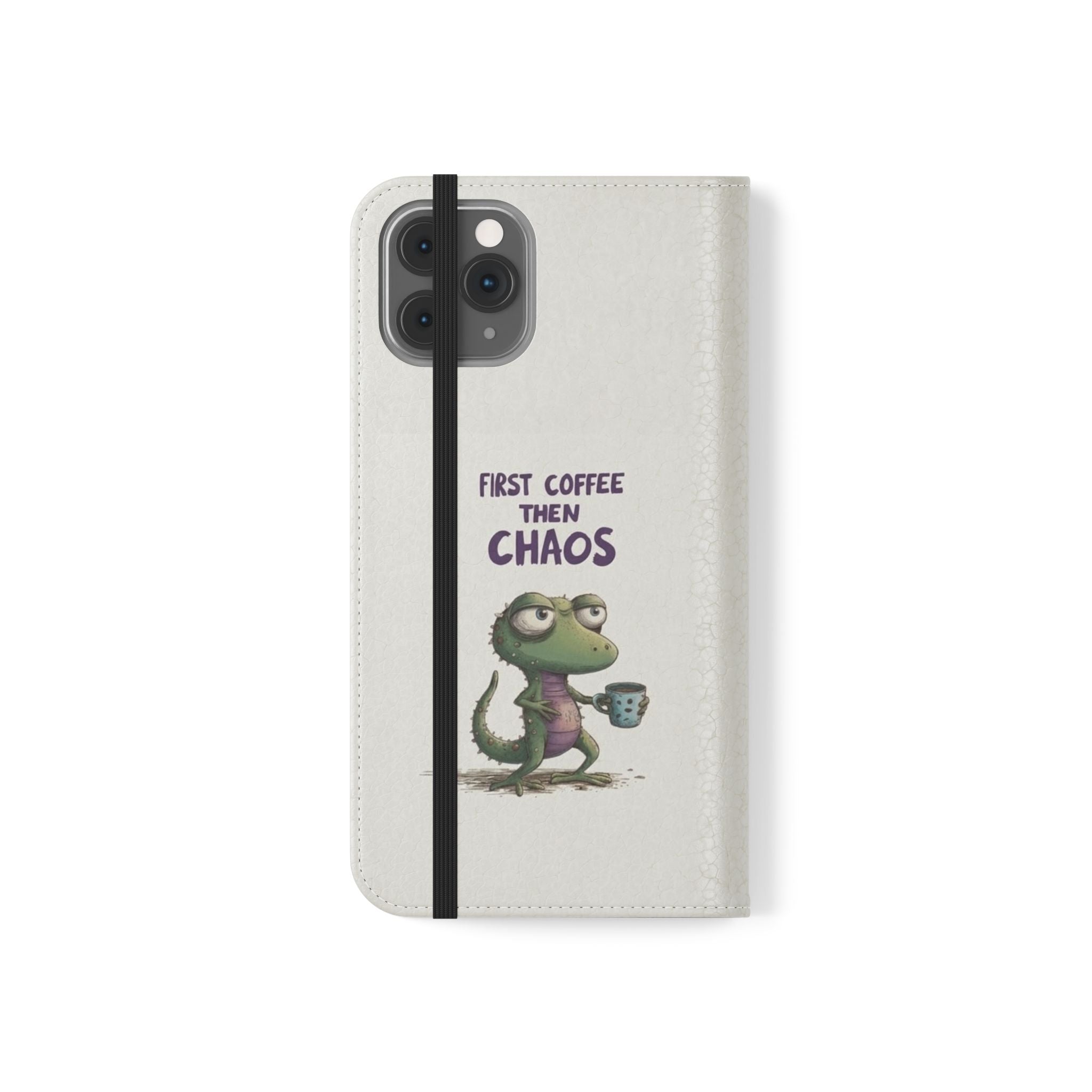 Flip Case — "First Coffee Then Chaos" Cute Dino Phone Wallet