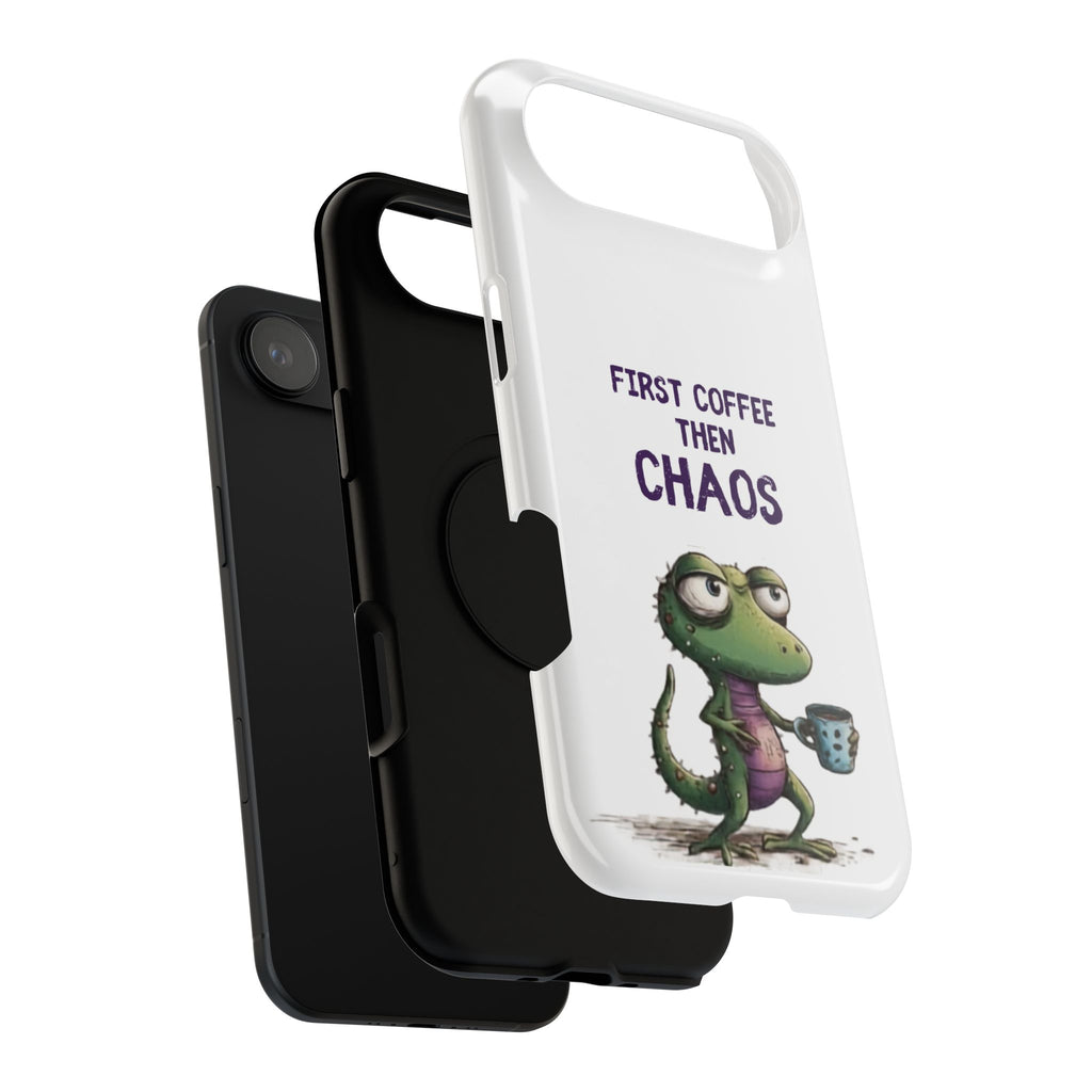 Impact-Resistant Phone Case — "First Coffee Then Chaos" Cute Lizard Coffee Design