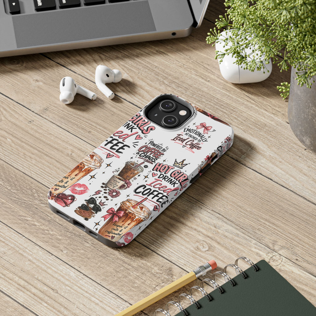 Iced Coffee Pattern Phone Case – "Powered by Coffee & Chaos" Tough Protective Case