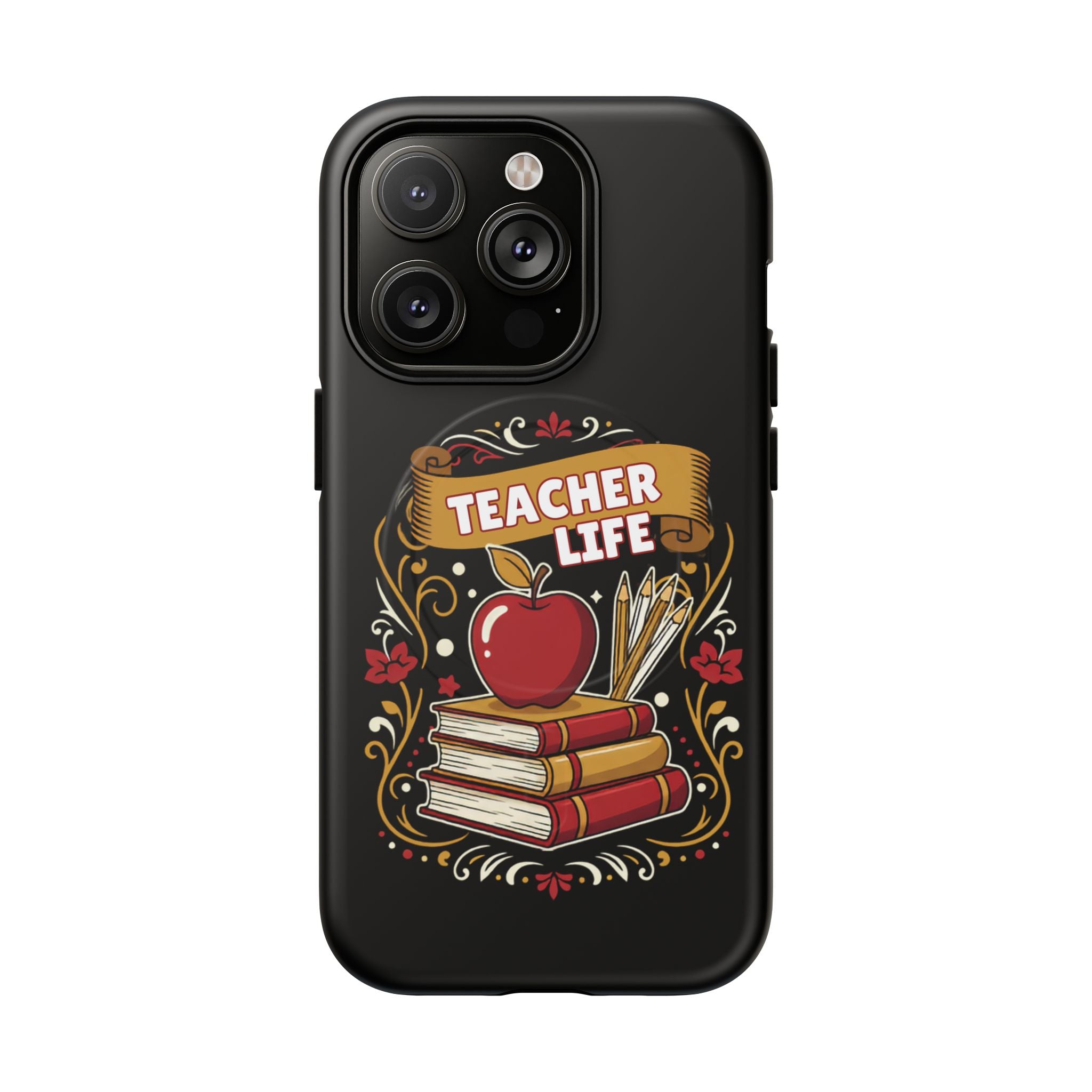 Teacher Life Phone Case - Tough Magnetic Protective Cover with Apple & Books Design