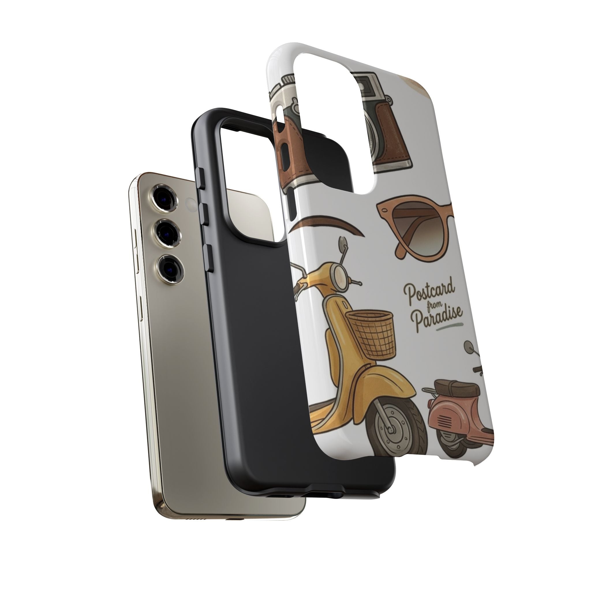 Vintage Summer Beach Phone Case — Feminine Travel Pattern with Cameras, Sunglasses & Scooter