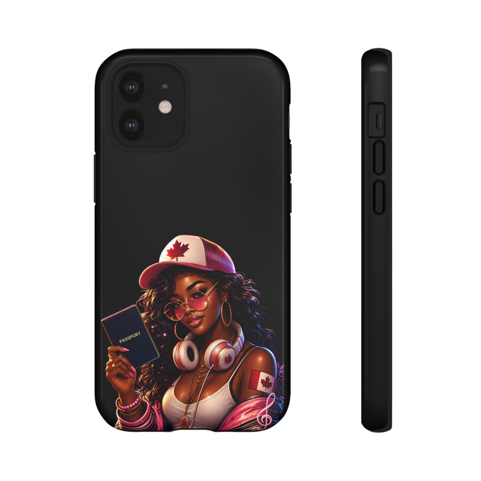 Canadian Vibes Phone Case — Afrobeat Girl with Headphones & Passport Design