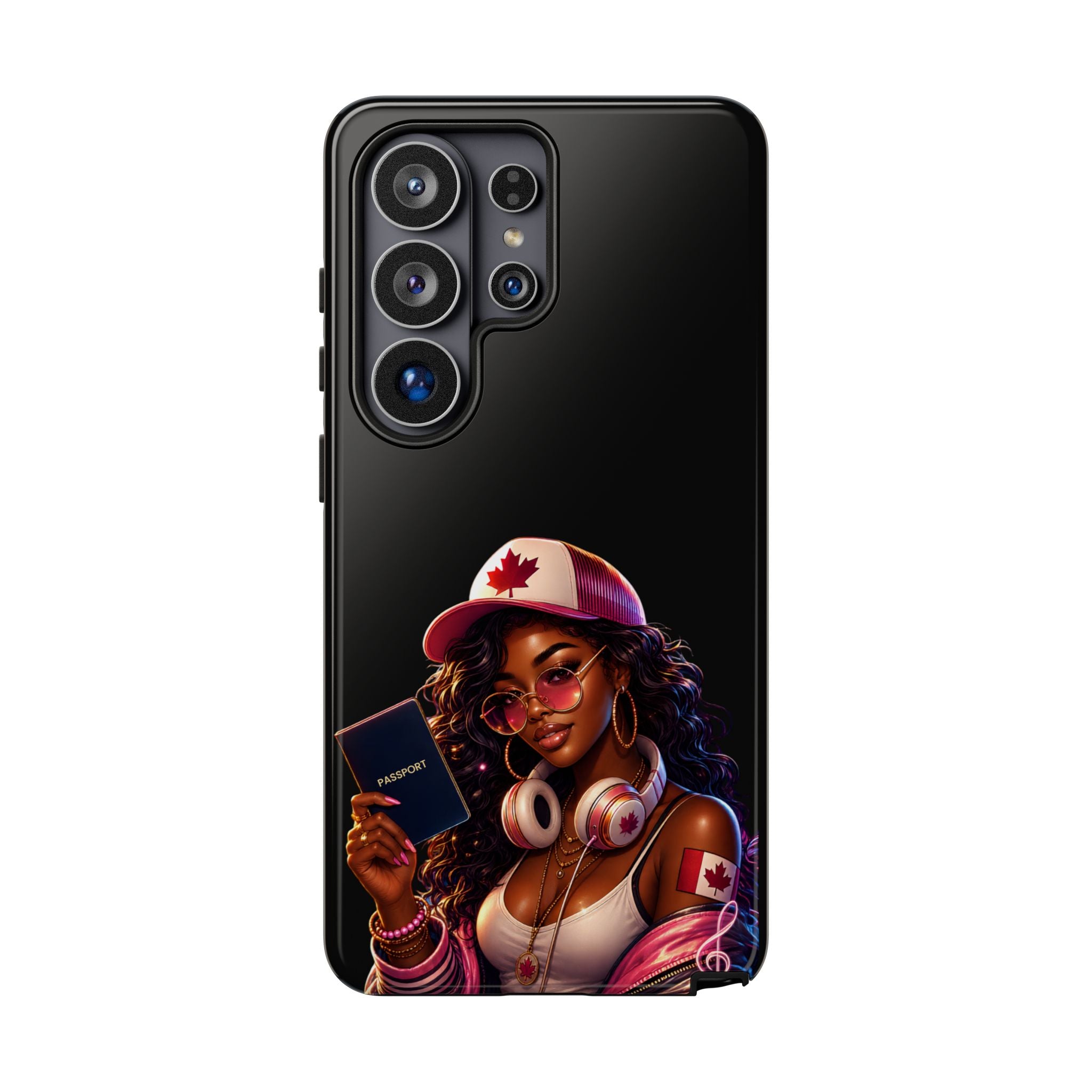 Canadian Vibes Phone Case — Afrobeat Girl with Headphones & Passport Design
