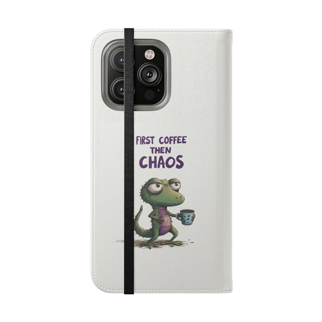 Flip Case — "First Coffee Then Chaos" Cute Dino Phone Wallet