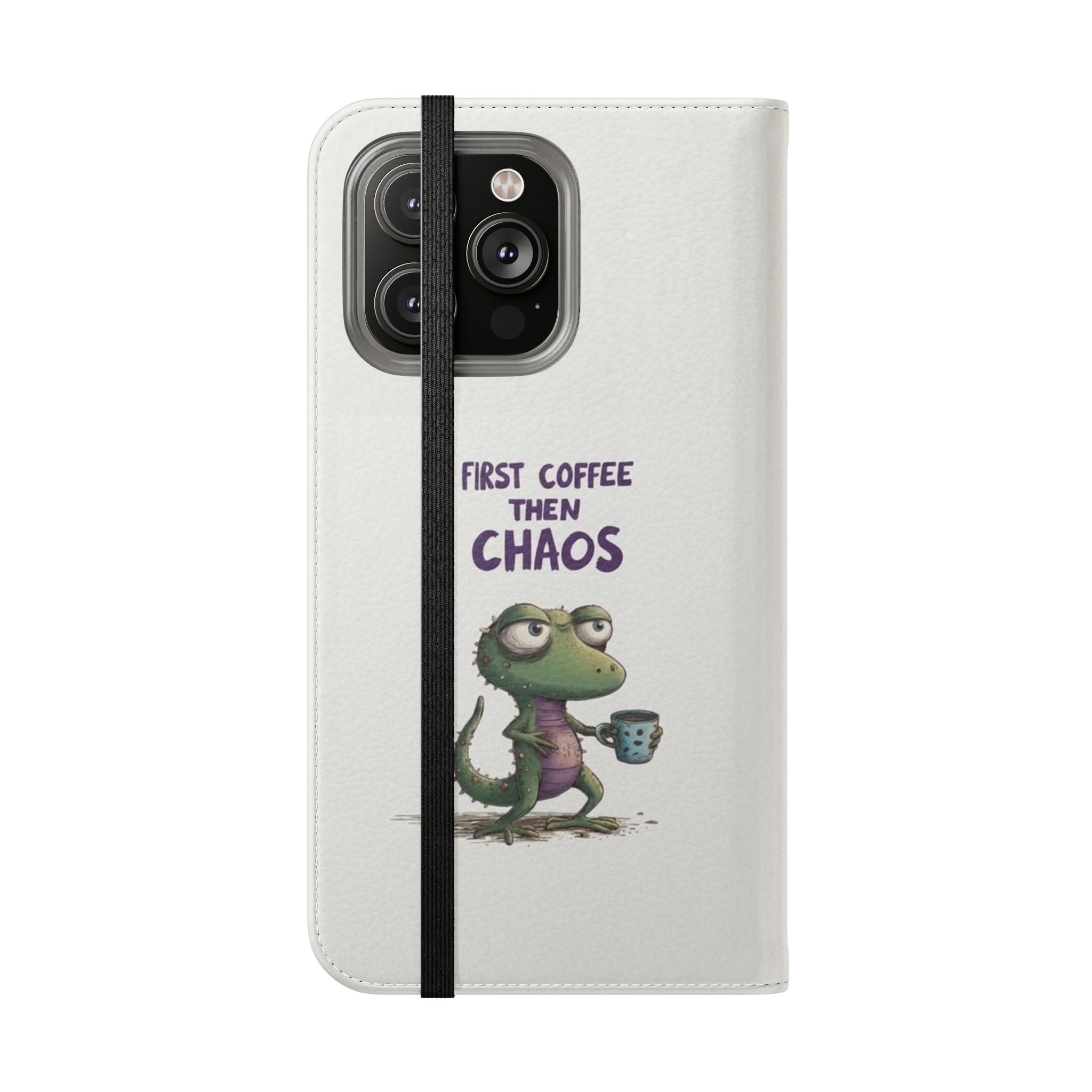 Flip Case — "First Coffee Then Chaos" Cute Dino Phone Wallet