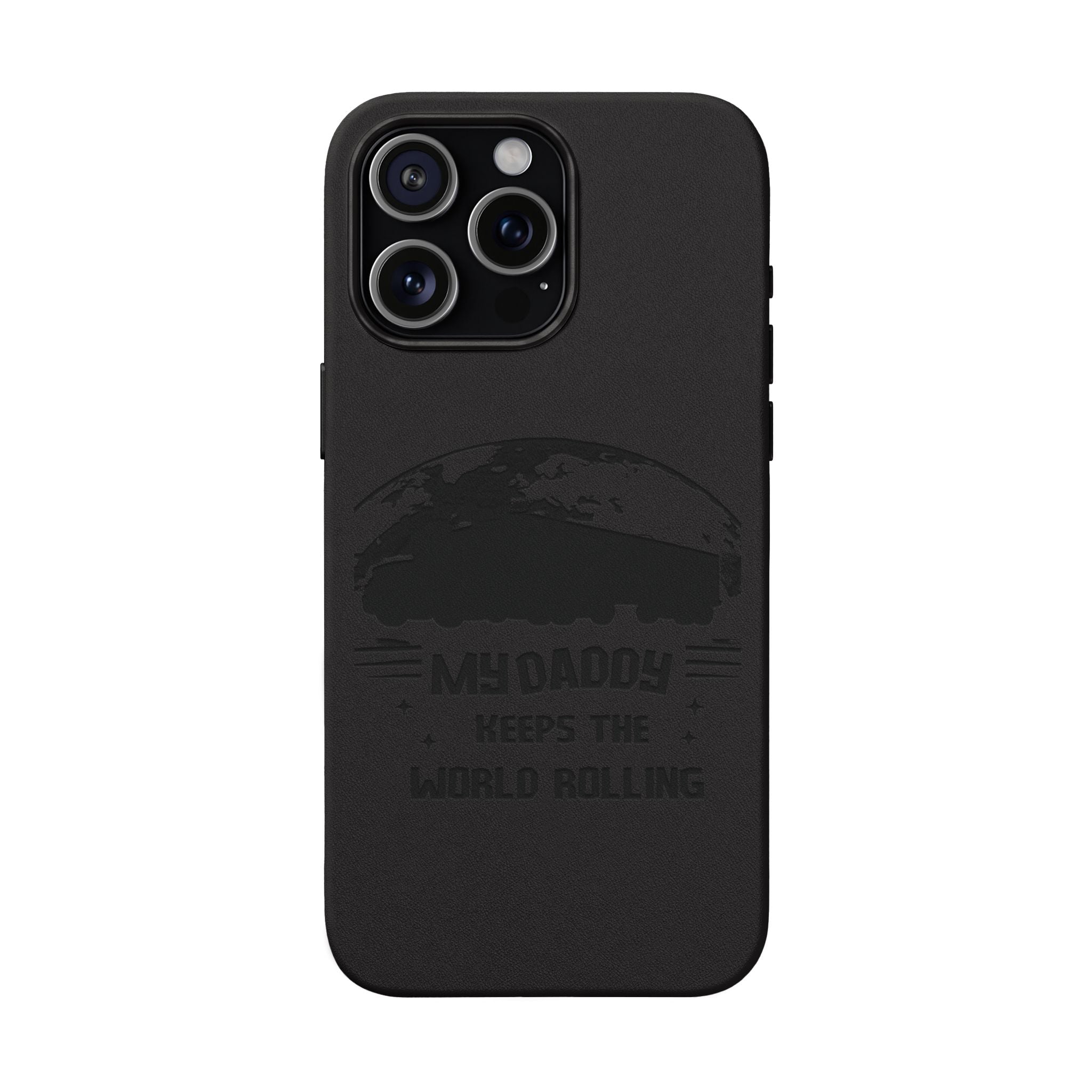 Engraved PU Leather Phone Case — 'Mhdaddy Keeps the World Rolling' Vintage Van Design