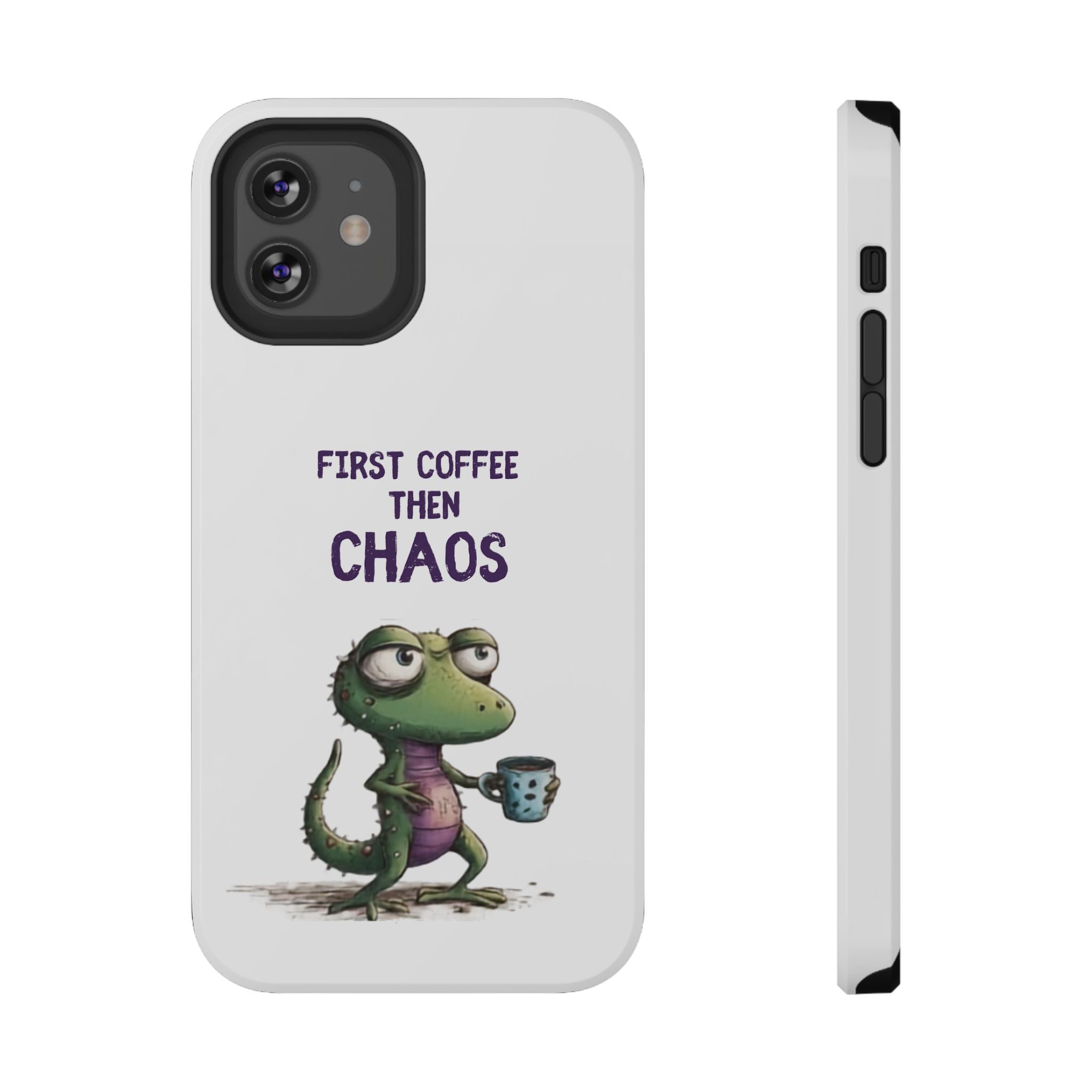 Impact-Resistant Phone Case — "First Coffee Then Chaos" Cute Lizard Coffee Design