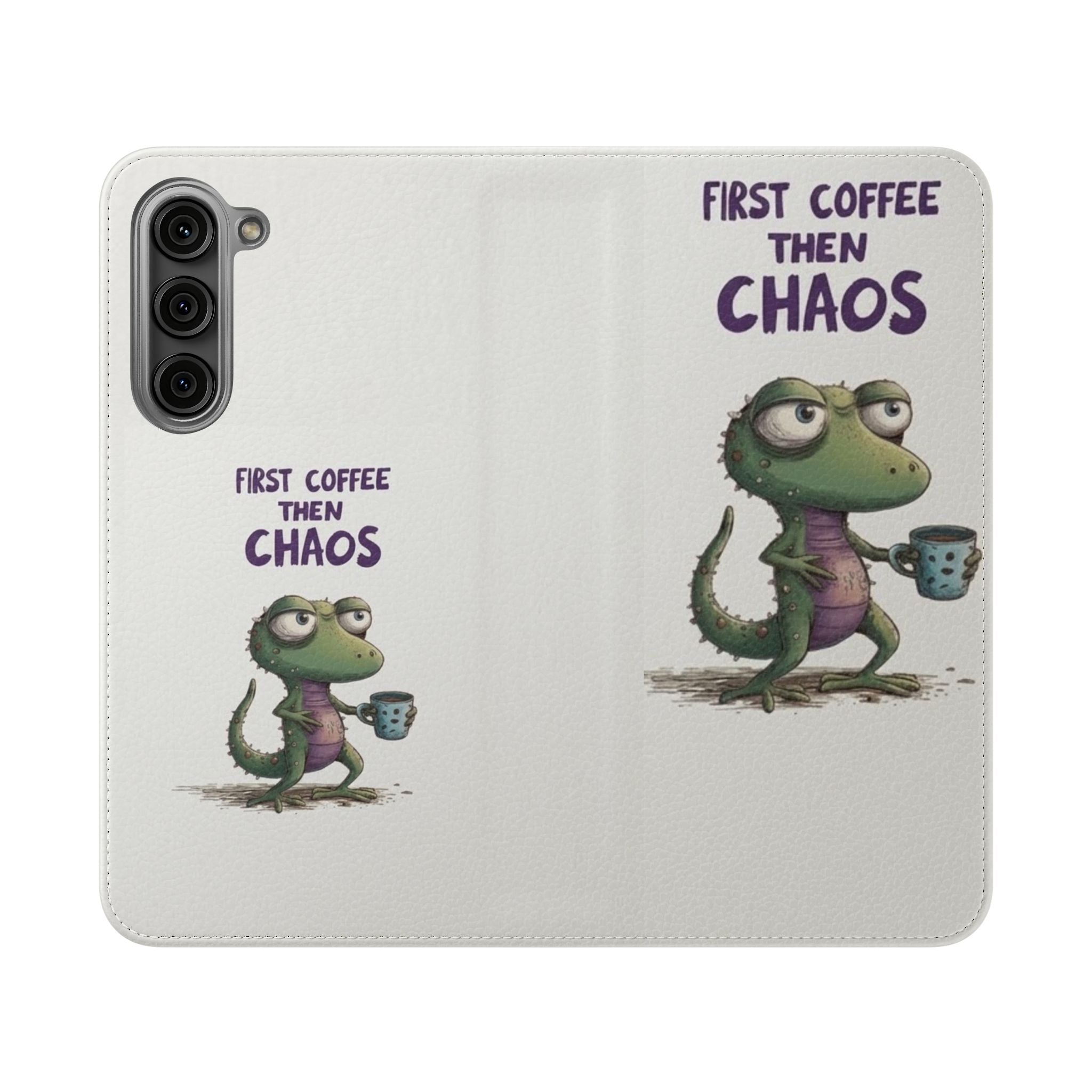 Flip Case — "First Coffee Then Chaos" Cute Dino Phone Wallet