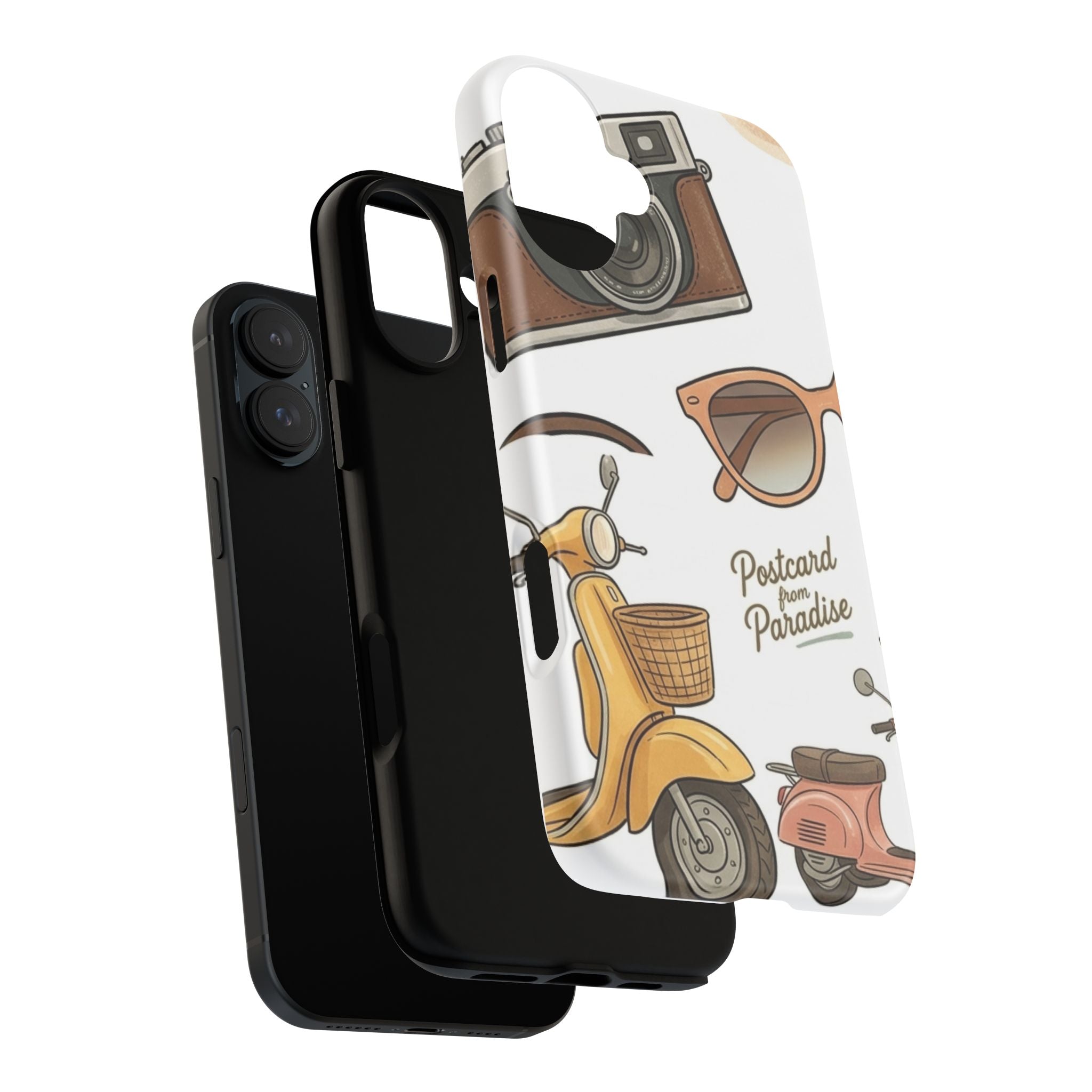 Vintage Summer Beach Phone Case — Feminine Travel Pattern with Cameras, Sunglasses & Scooter