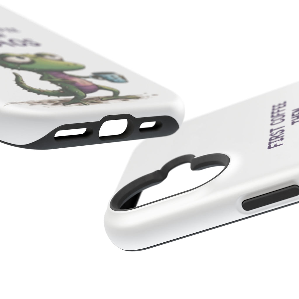 Impact-Resistant Phone Case — "First Coffee Then Chaos" Cute Lizard Coffee Design