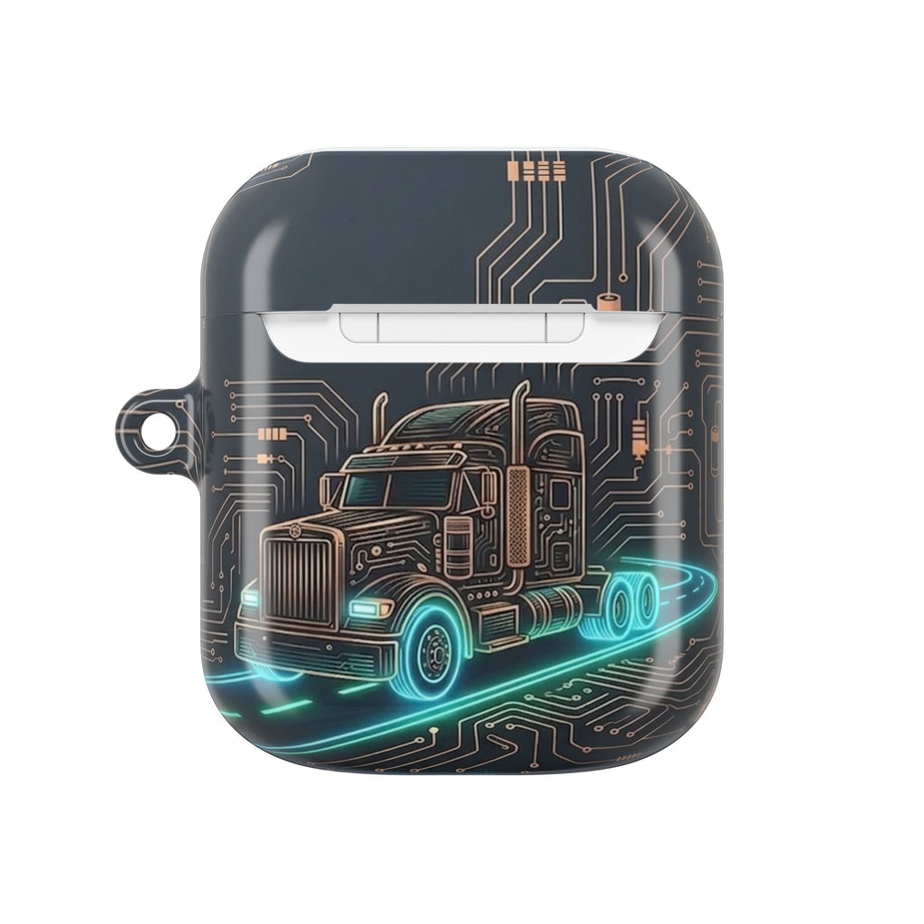 Trucker Tech AirPods Case — Neon Semi Truck Circuit Design