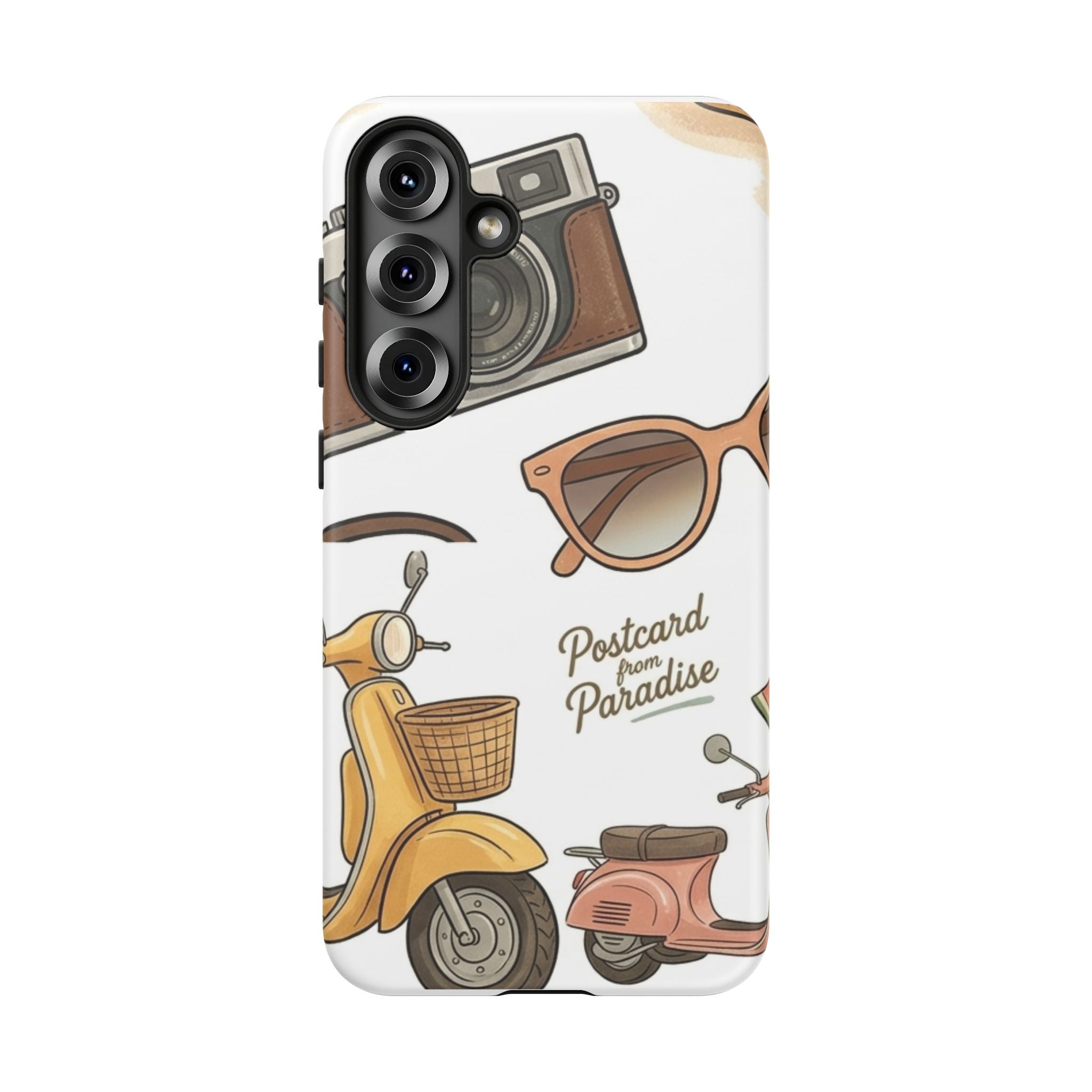 Vintage Summer Beach Phone Case — Feminine Travel Pattern with Cameras, Sunglasses & Scooter