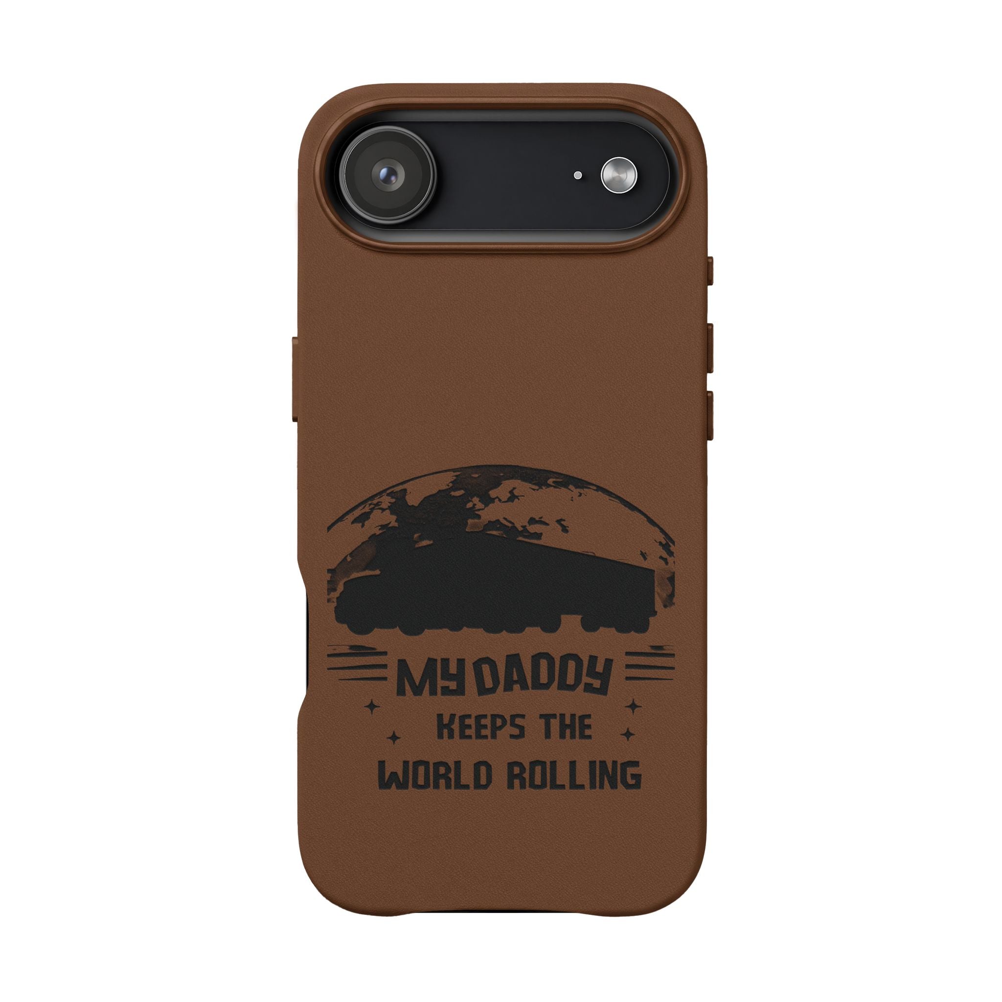 Engraved PU Leather Phone Case — 'Mhdaddy Keeps the World Rolling' Vintage Van Design