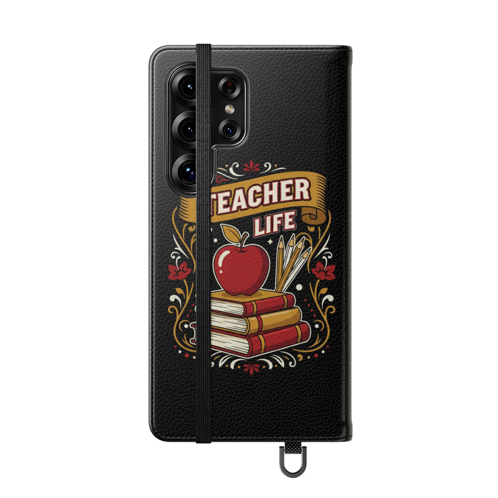 Teacher Life Flip Phone Case – Wallet Folio with Apple & Books Design