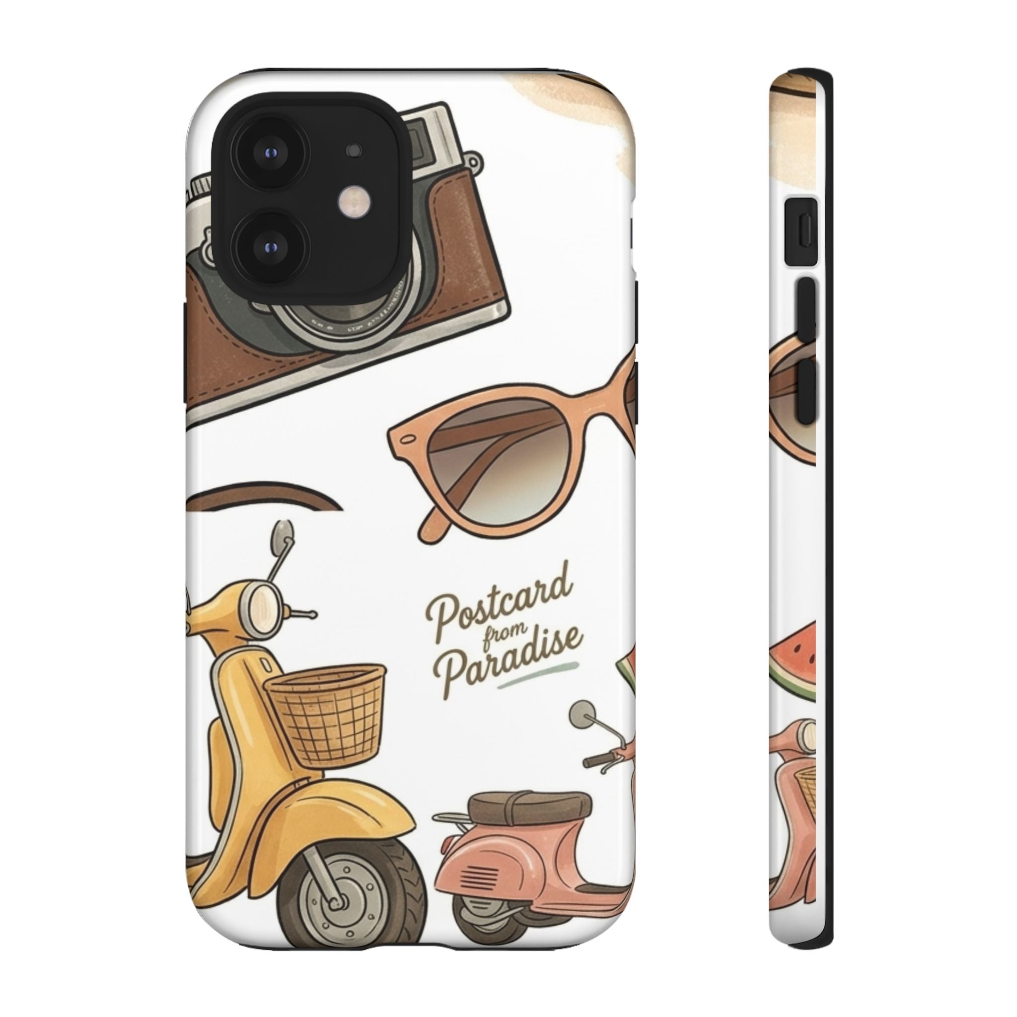 Vintage Summer Beach Phone Case — Feminine Travel Pattern with Cameras, Sunglasses & Scooter