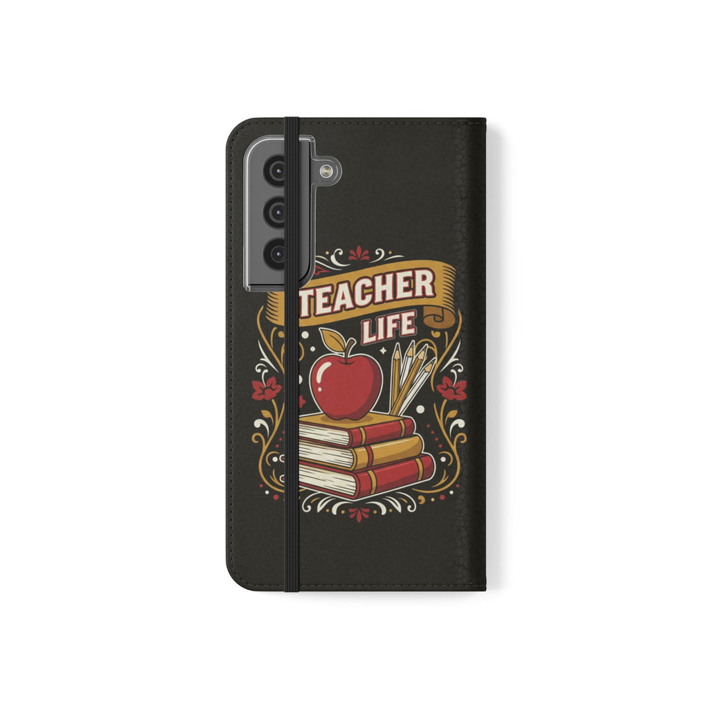 Teacher Life Flip Phone Case – Wallet Folio with Apple & Books Design