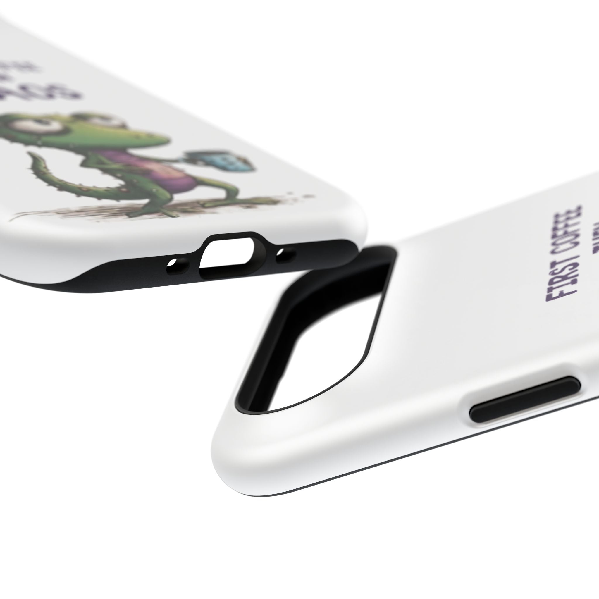 Impact-Resistant Phone Case — "First Coffee Then Chaos" Cute Lizard Coffee Design