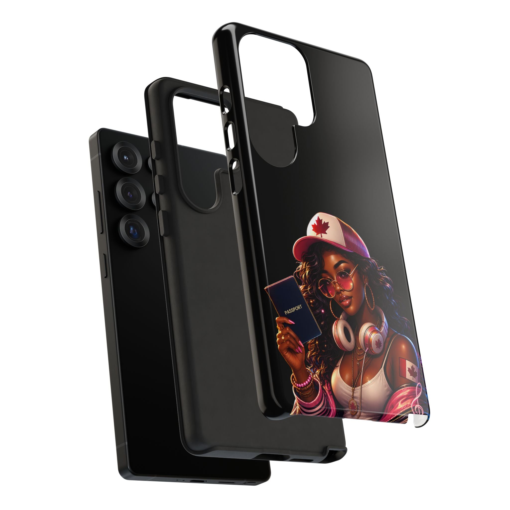 Canadian Vibes Phone Case — Afrobeat Girl with Headphones & Passport Design
