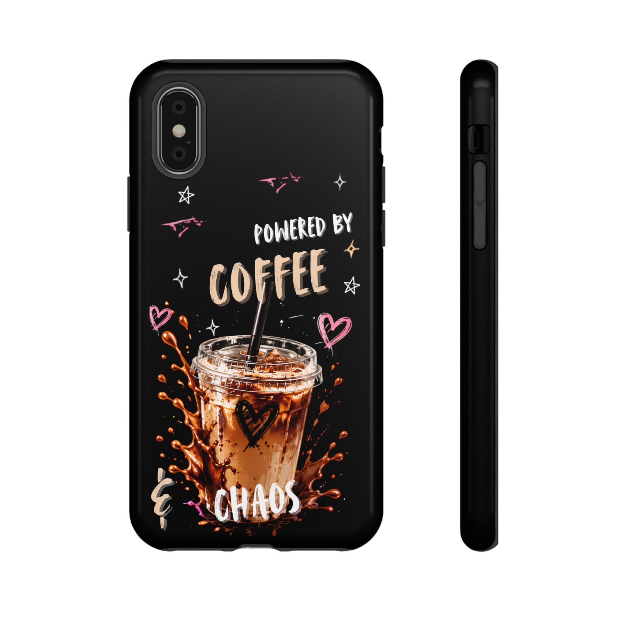 Phone Case — "Powered by Coffee & Chaos" Iced Coffee Protective Cover