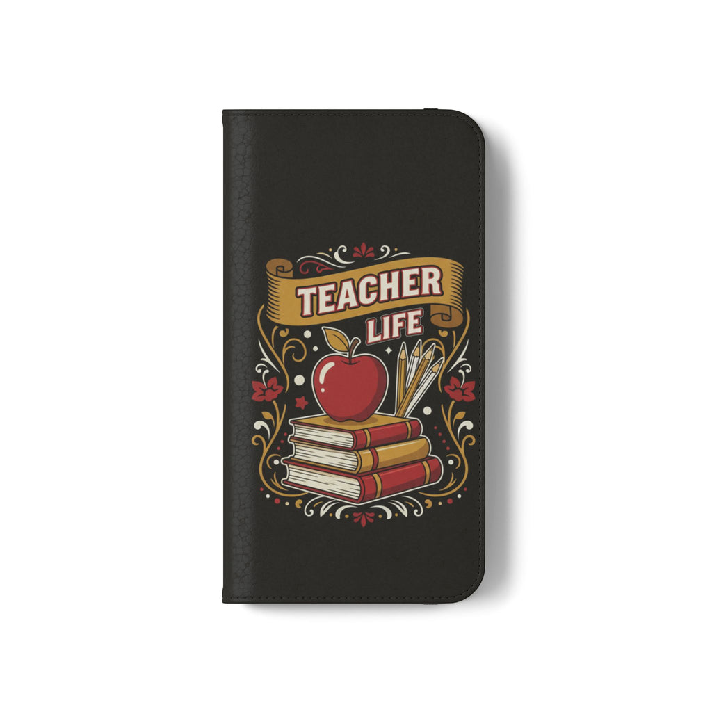 Teacher Life Flip Phone Case – Wallet Folio with Apple & Books Design