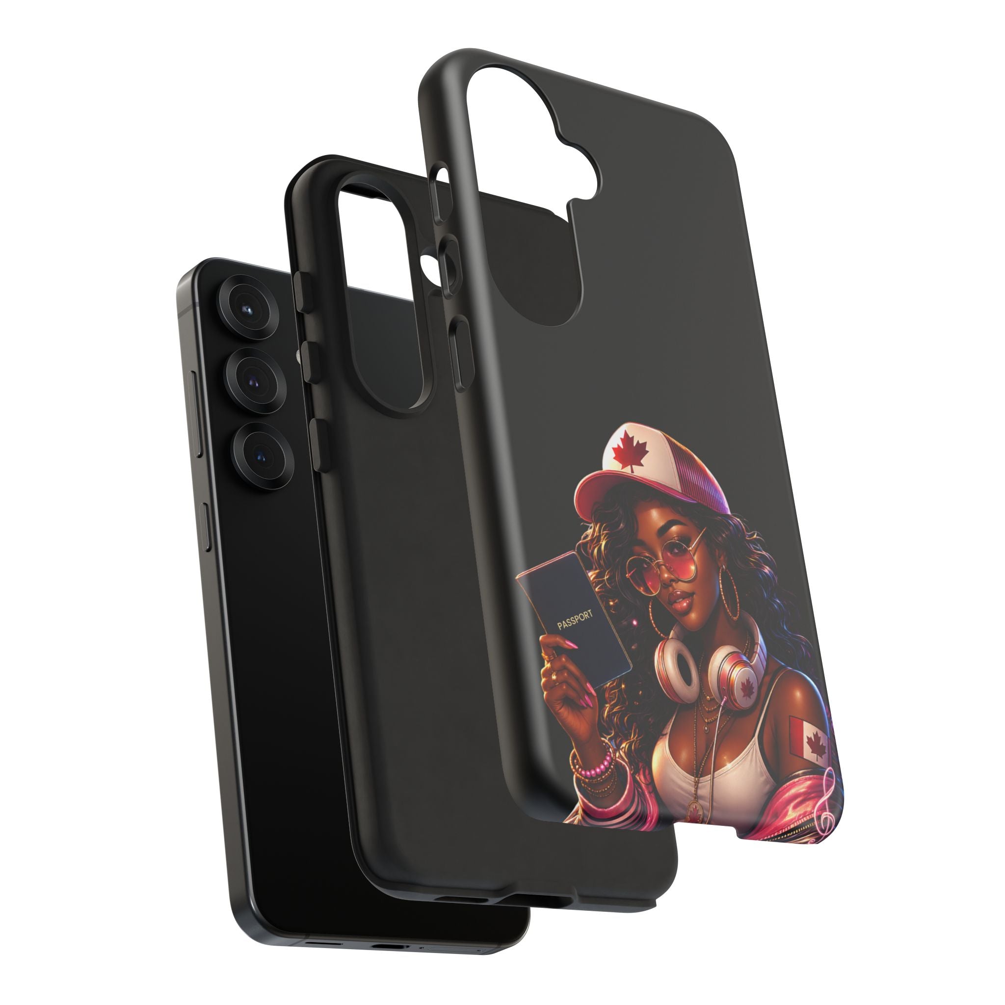 Canadian Vibes Phone Case — Afrobeat Girl with Headphones & Passport Design